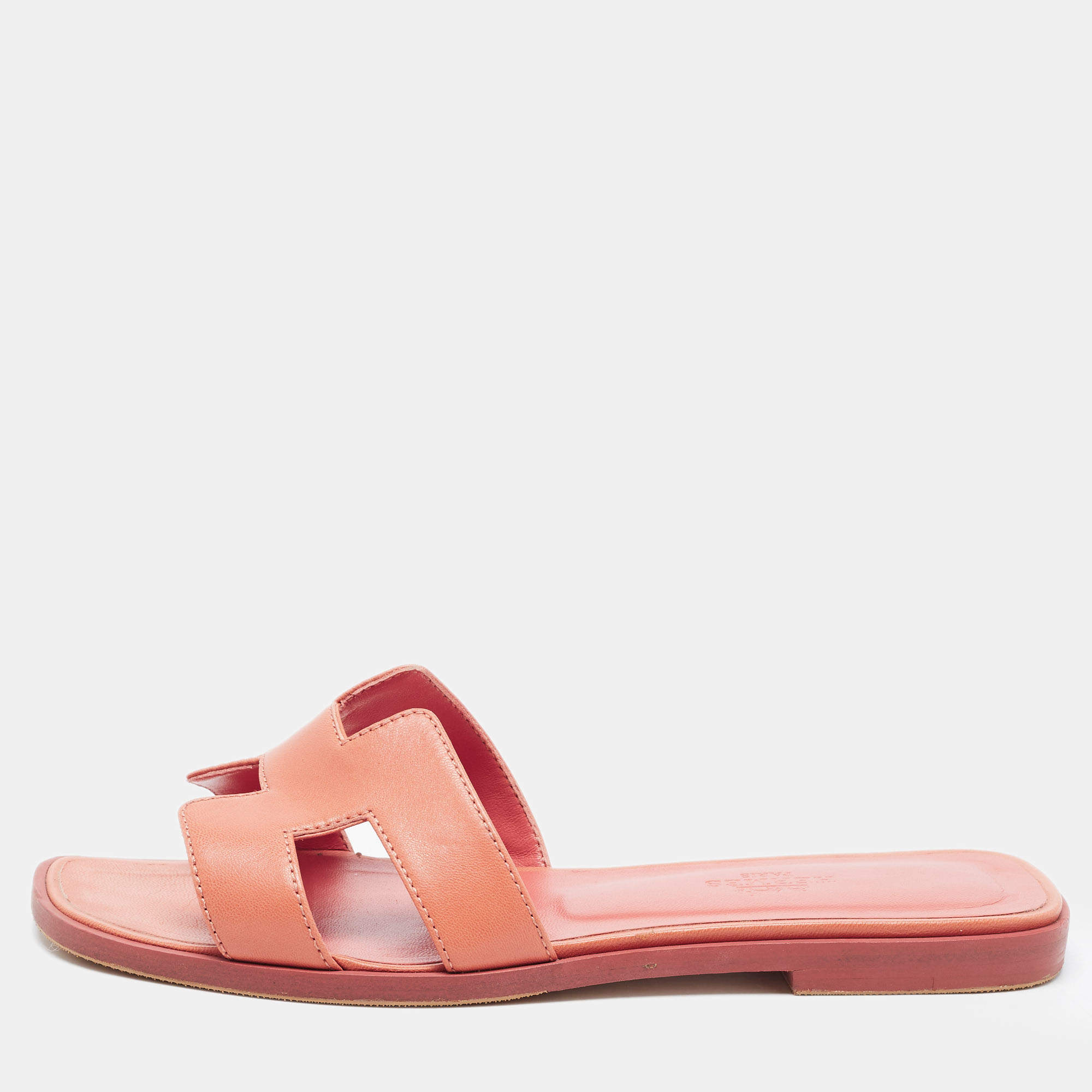 Pre Owned Hermes Pink Leather Oran Slide Sandals Size 37