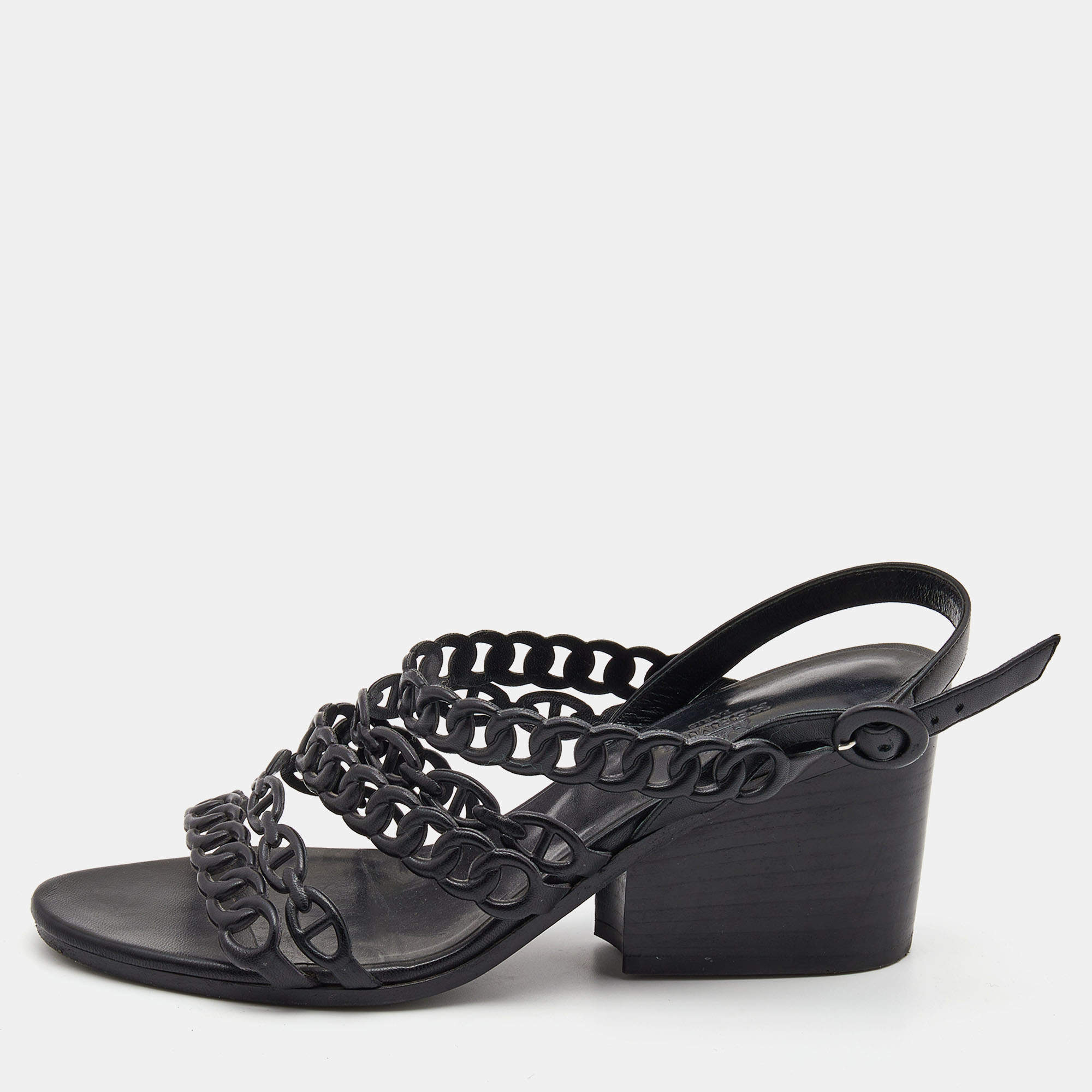 Hermes Black Leather Romanza Sandals Size 38