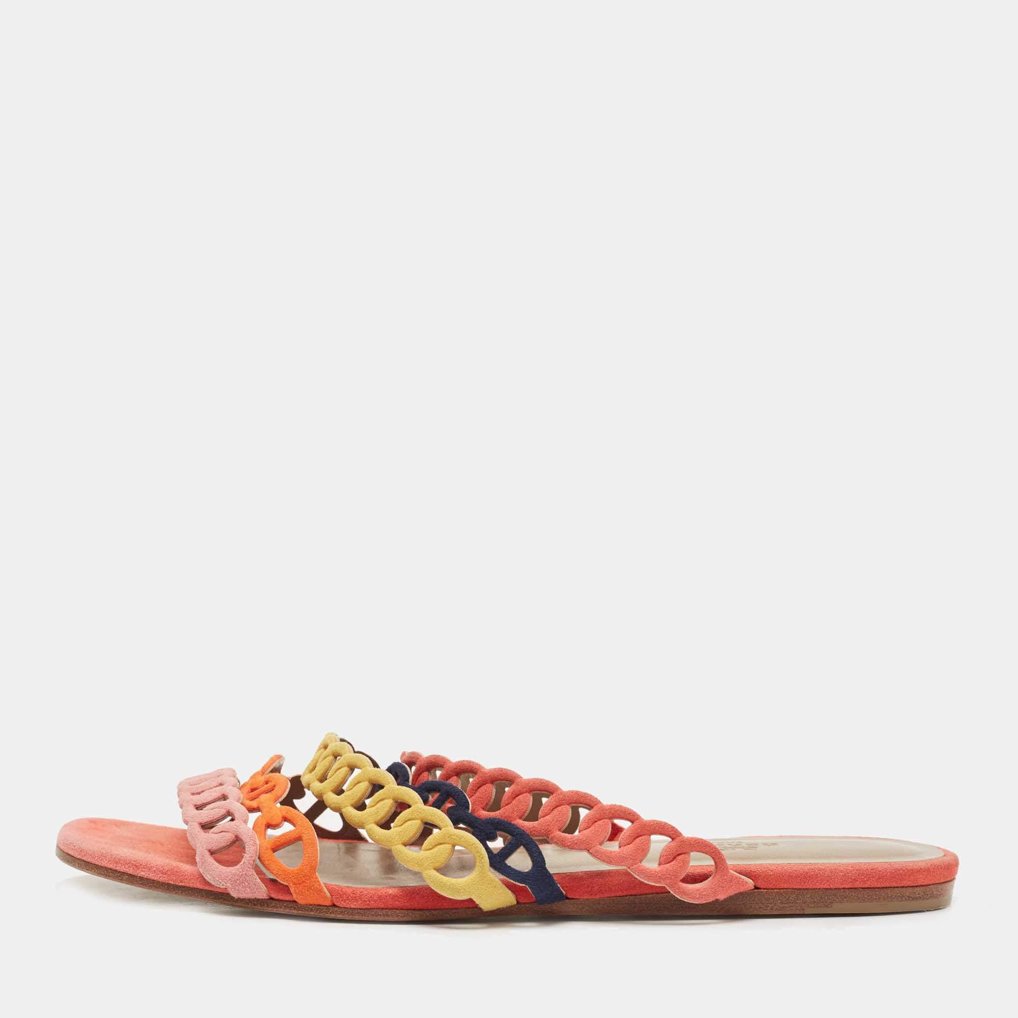 Hermes Multicolor Suede Thalassa Flat Slides Size 38