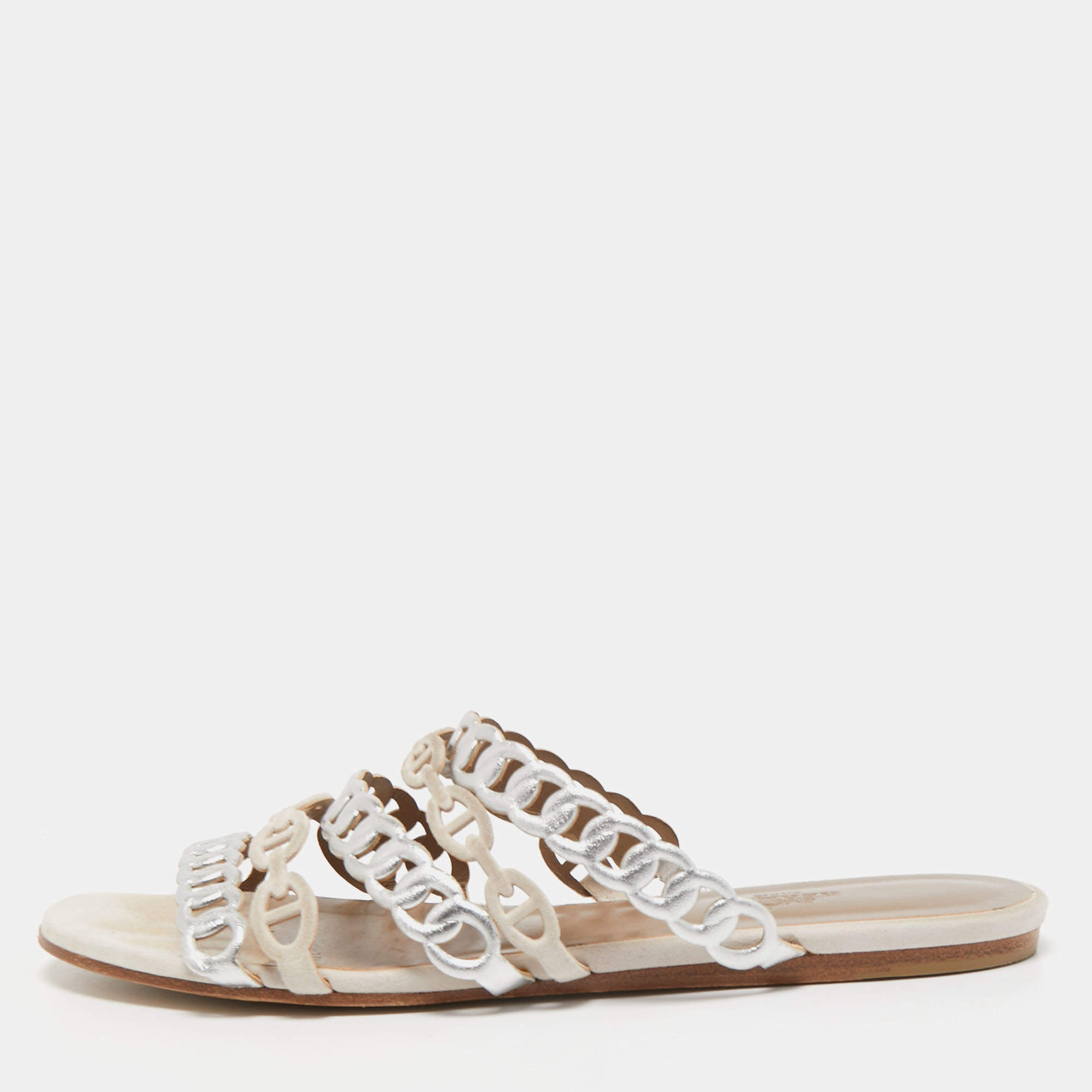 Pre Owned Hermes Silver/Beige Suede and Leather D'ancre Chaine Flat Slides Size 38