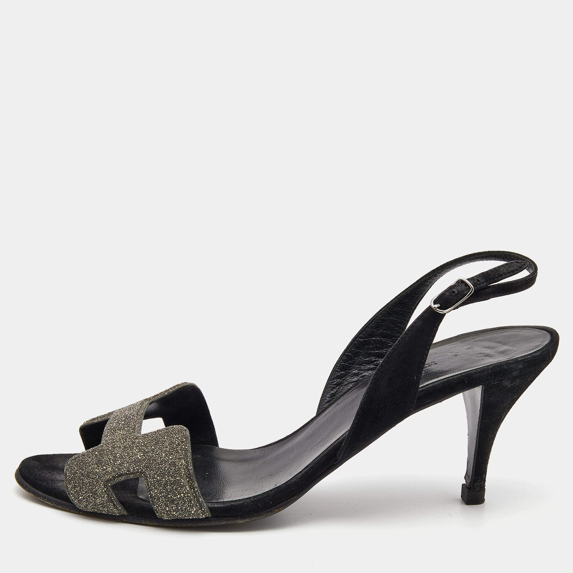 Pre Owned Hermes Silver/Black Glitter and Suede Night Sandals Size 37.5
