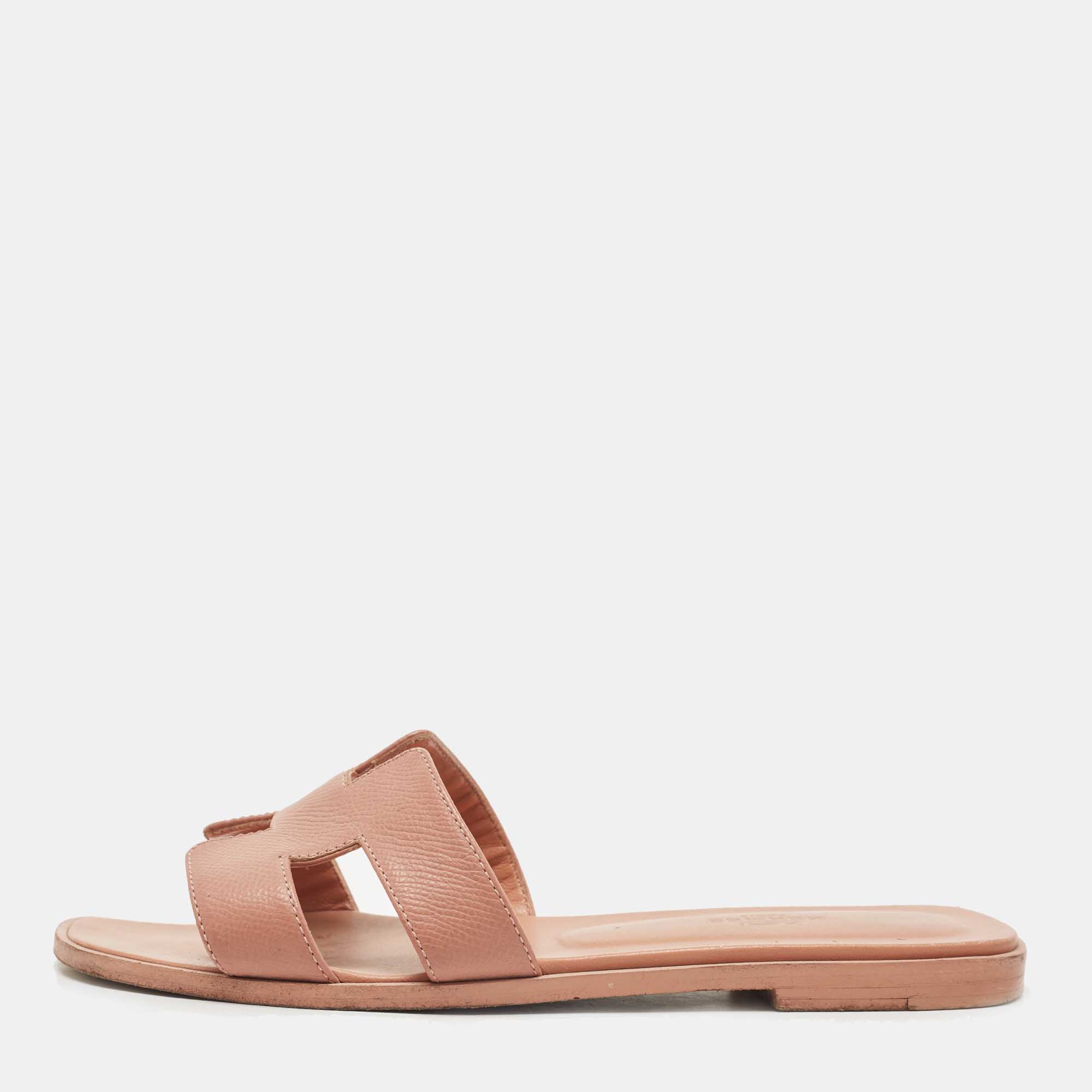 Hermes Pink Leather Oran Flat Slides Size 38