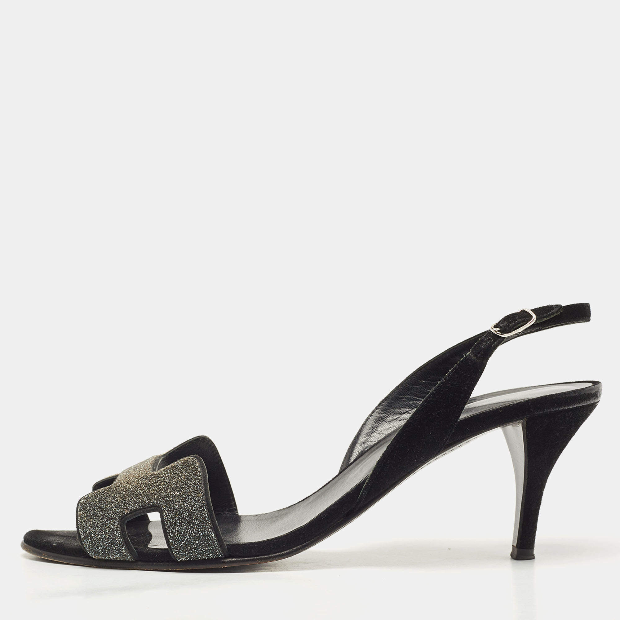 Pre Owned Hermes Silver/Black Glitter and Suede Night Slingback Sandals Size 38.5