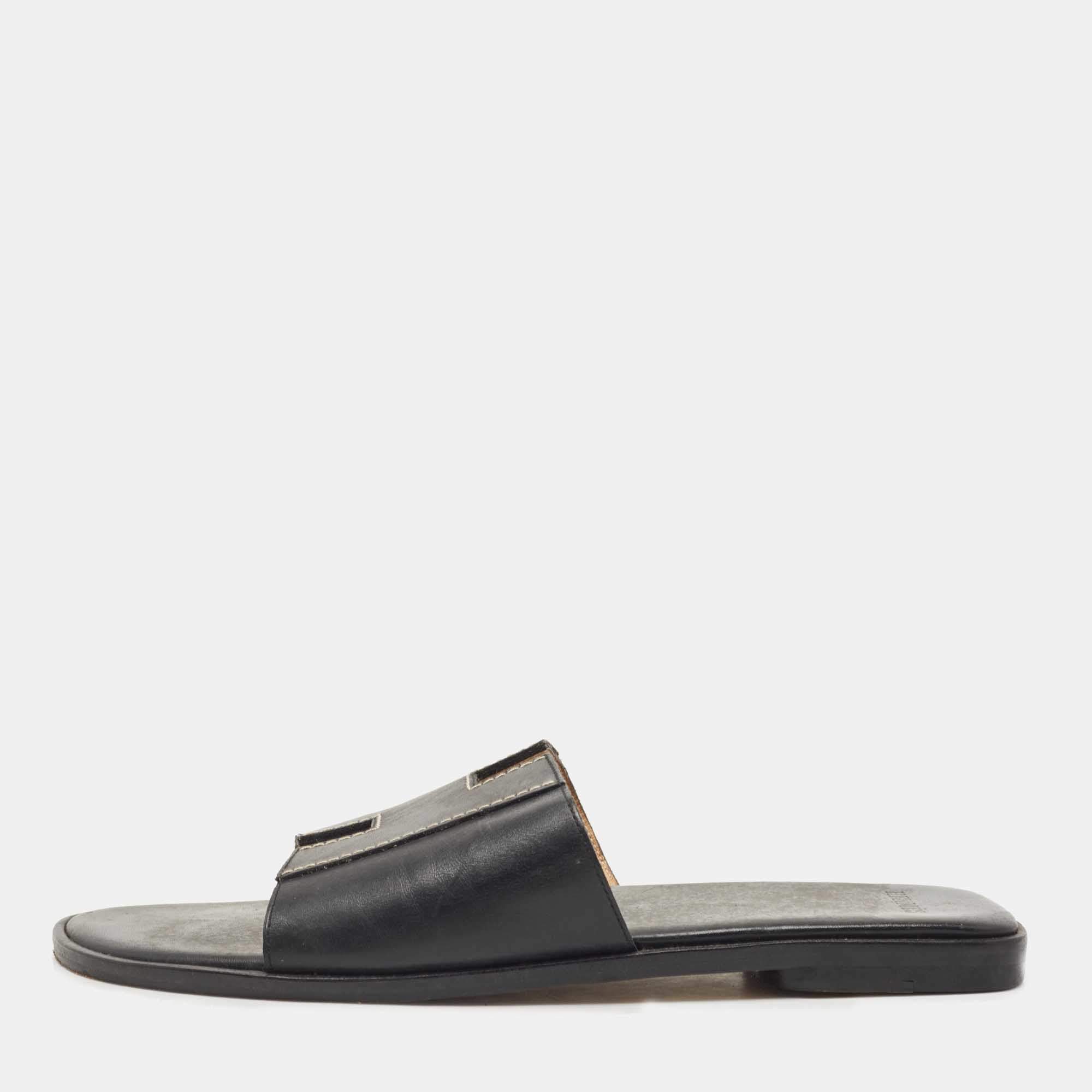 Pre Owned Hermes Black Leather Flat Slides Size 37