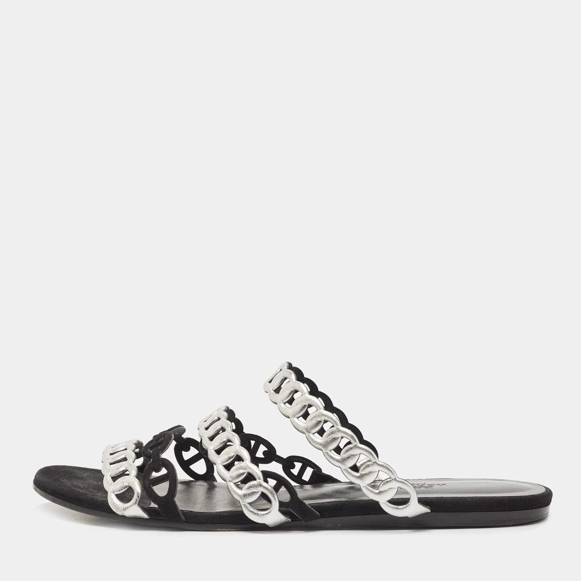 Hermes Black/Silver Leather and Suede Chaine d'Ancre Flat Slides Size 38 