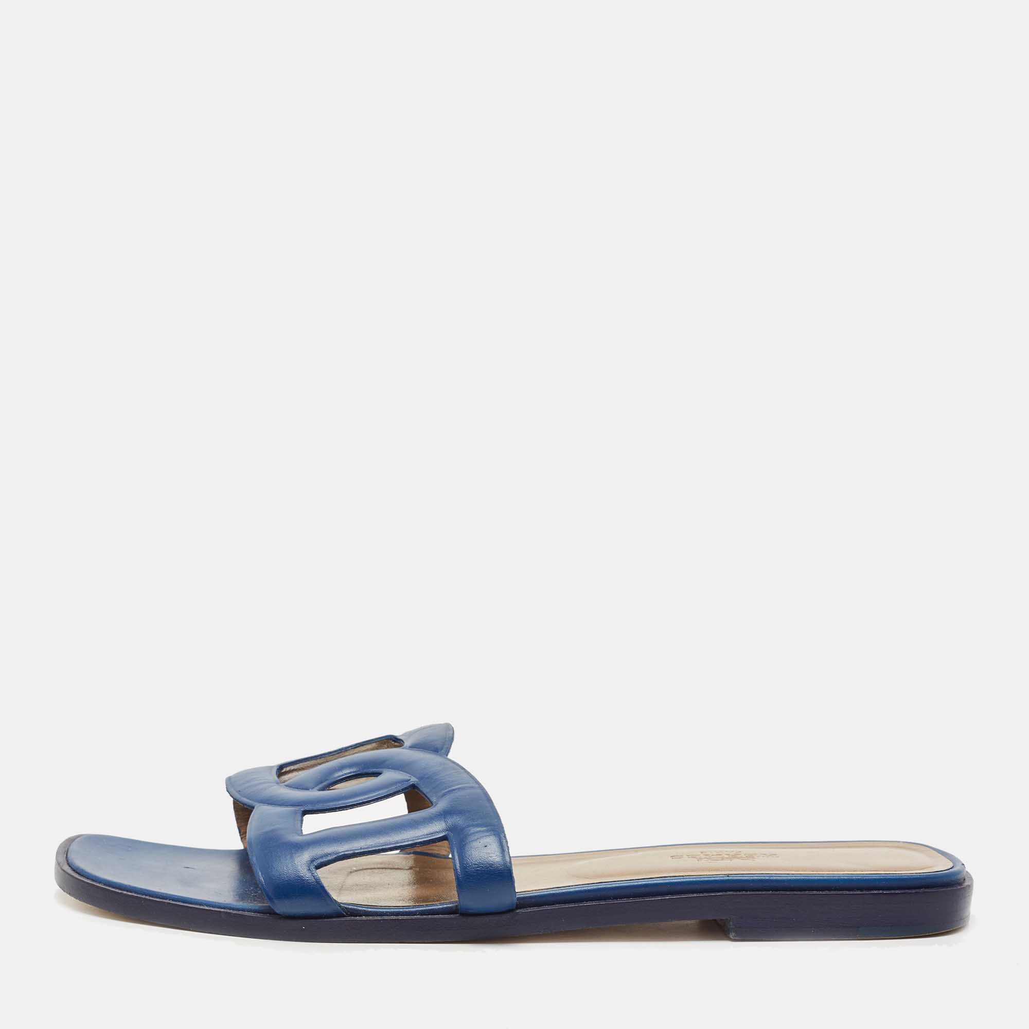 Hermes Blue Leather Aloha Slide Flats Size 39