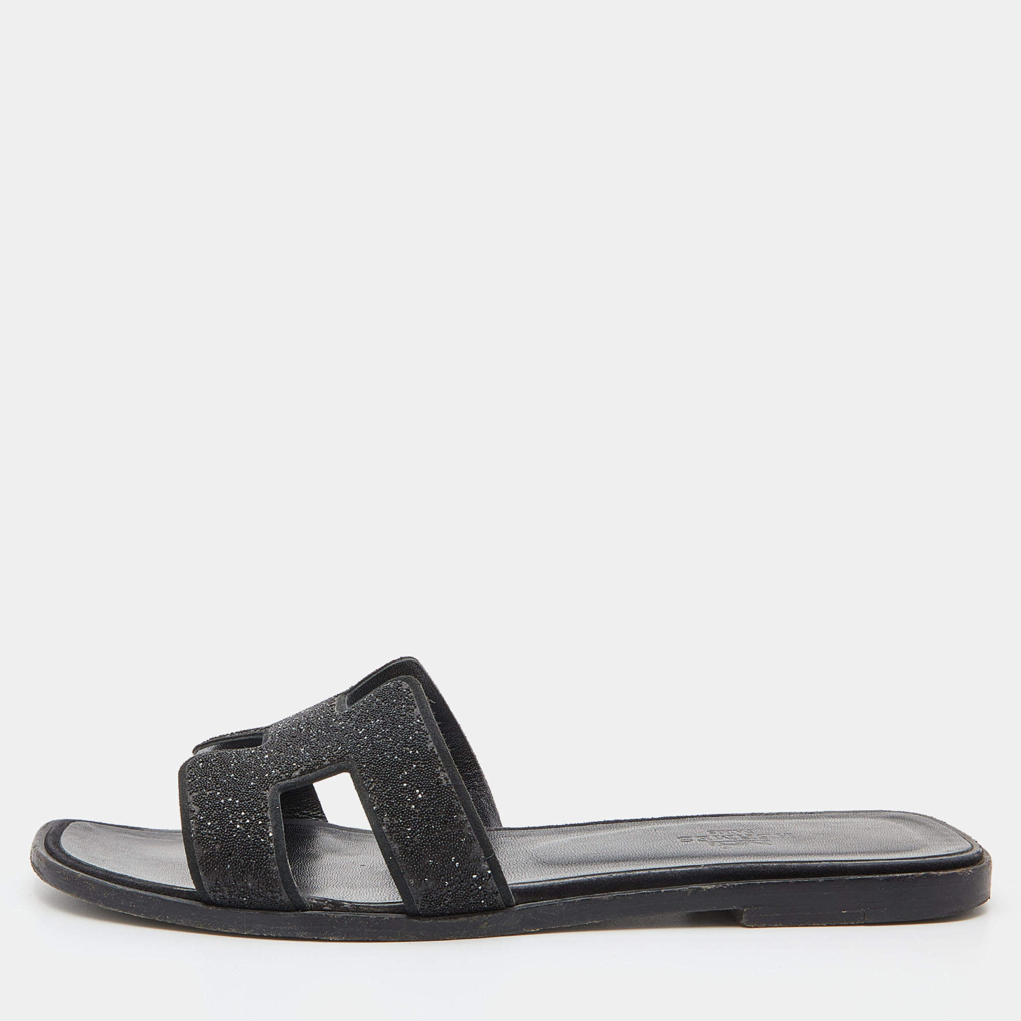 Hermes Black Suede Crystal Embellished Oran Slide Flats Size 38 