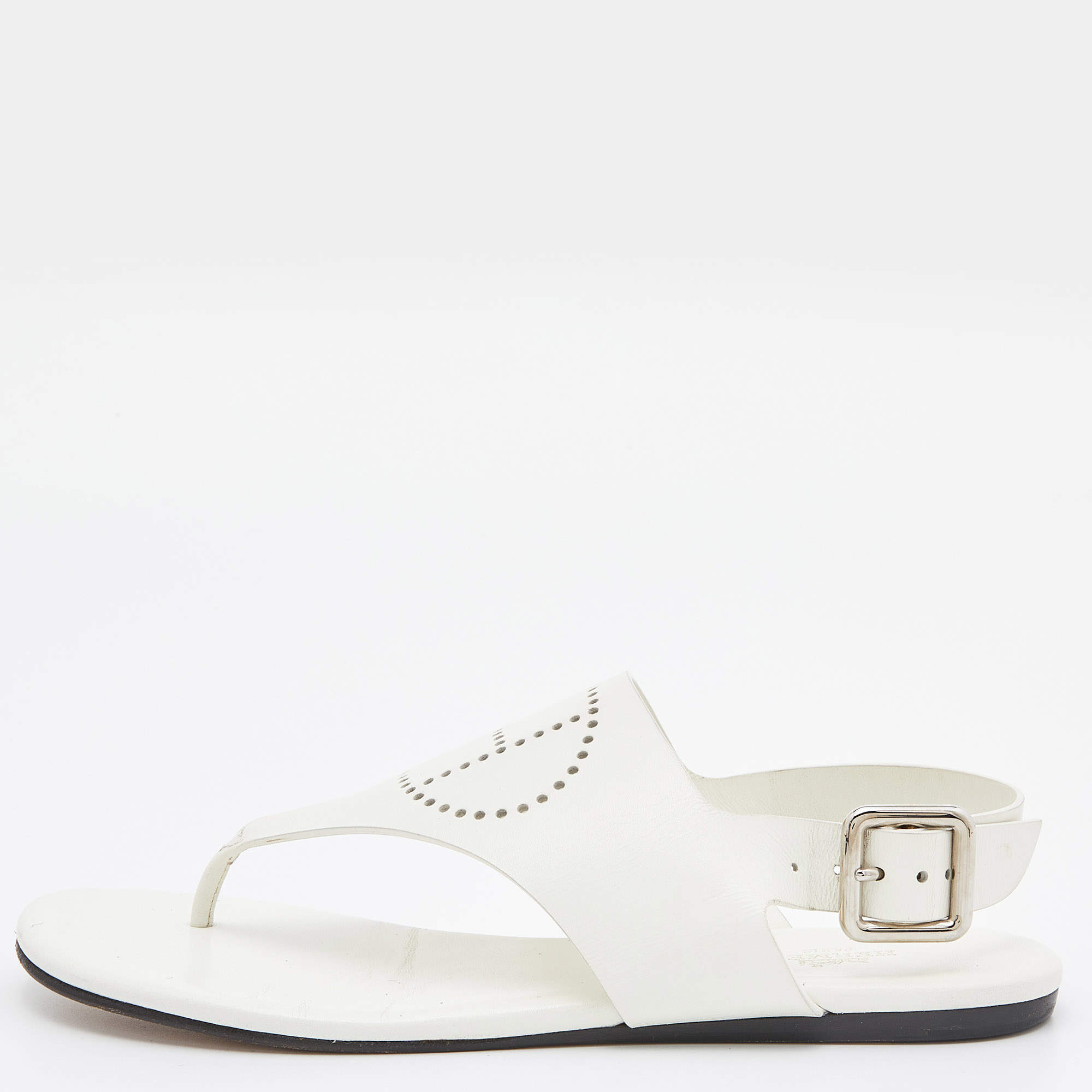 Pre Owned Hermès White Leather Kola Thong Flat Slingback Sandals Size 37