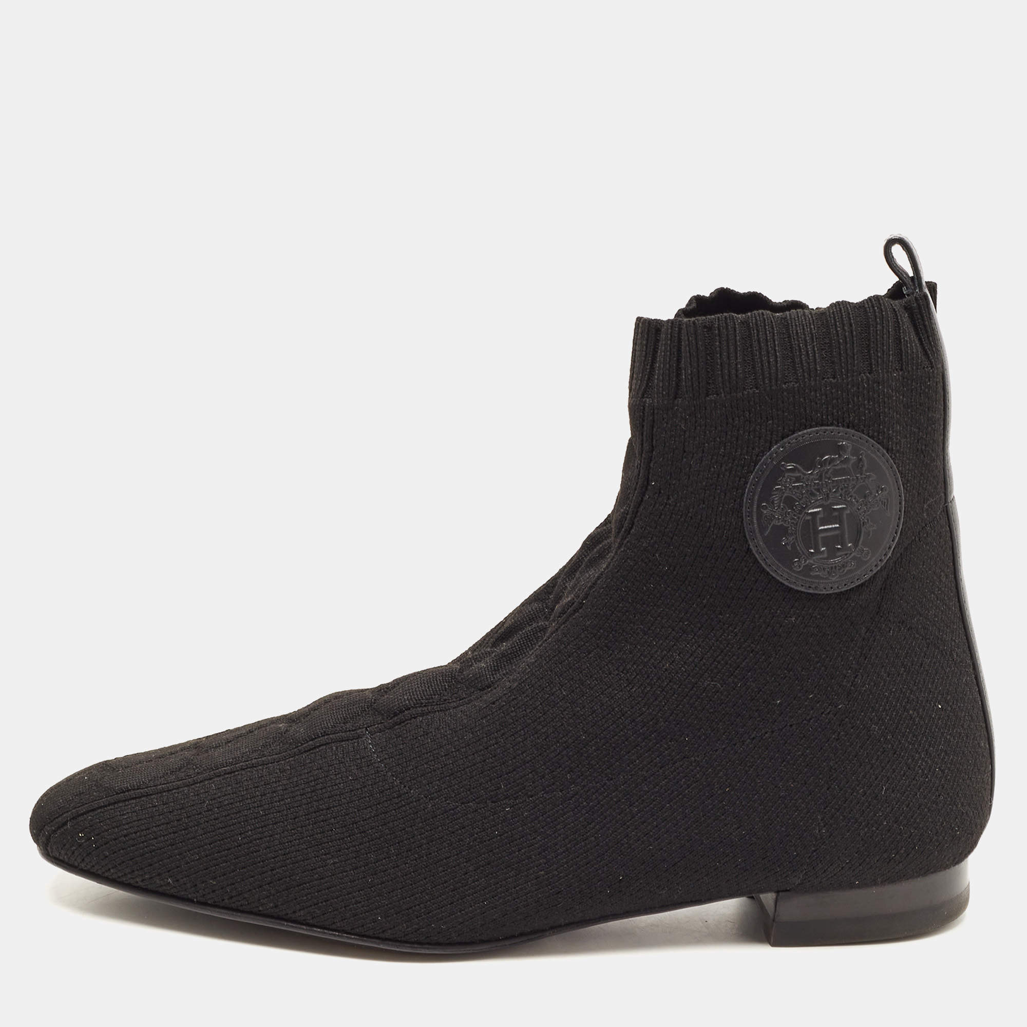 Pre Owned Hermes Black Knit Fabric Duo Ankle Boots Size 37