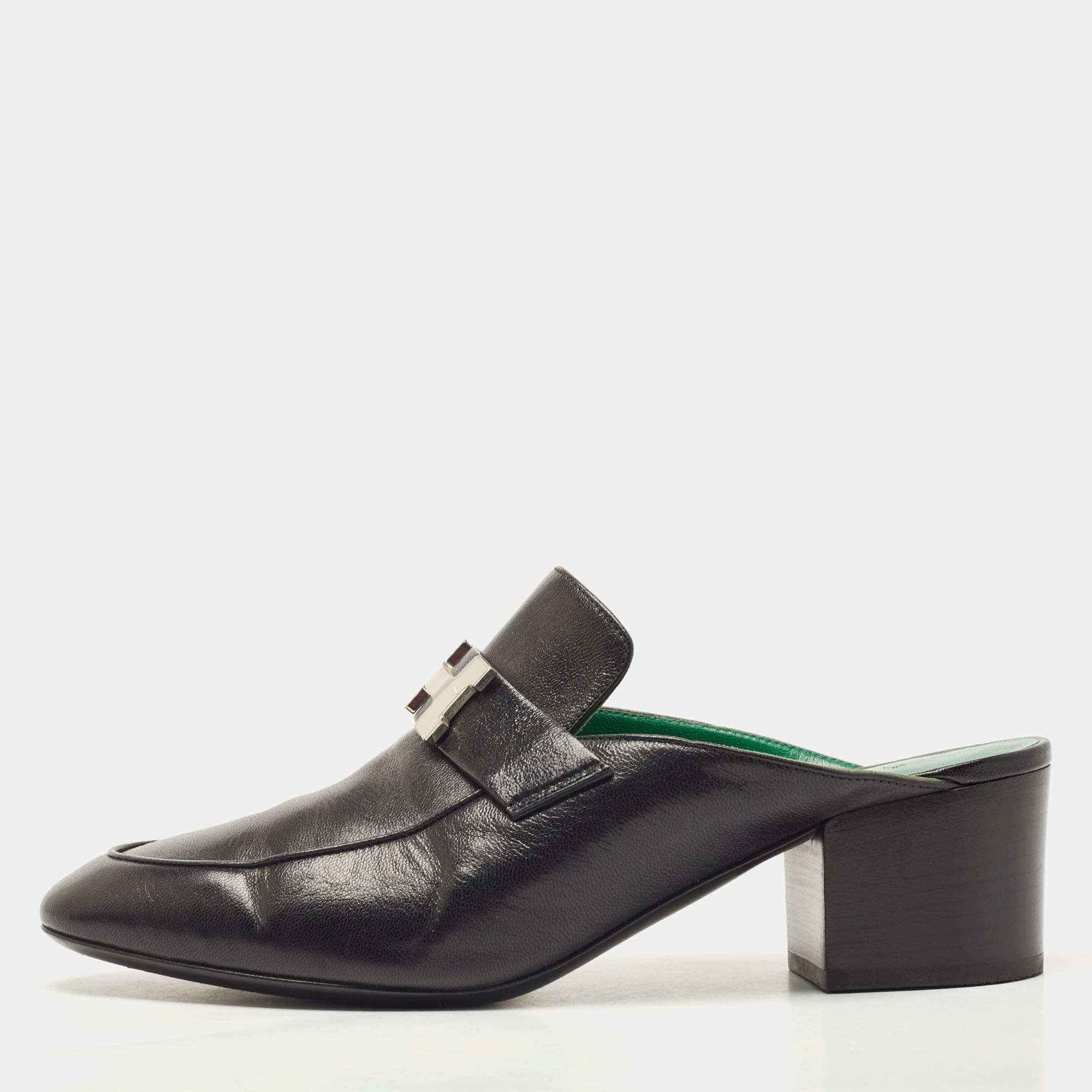 Hermes Black Leather Paradis Block Heel Mule Sandals Size 38.5