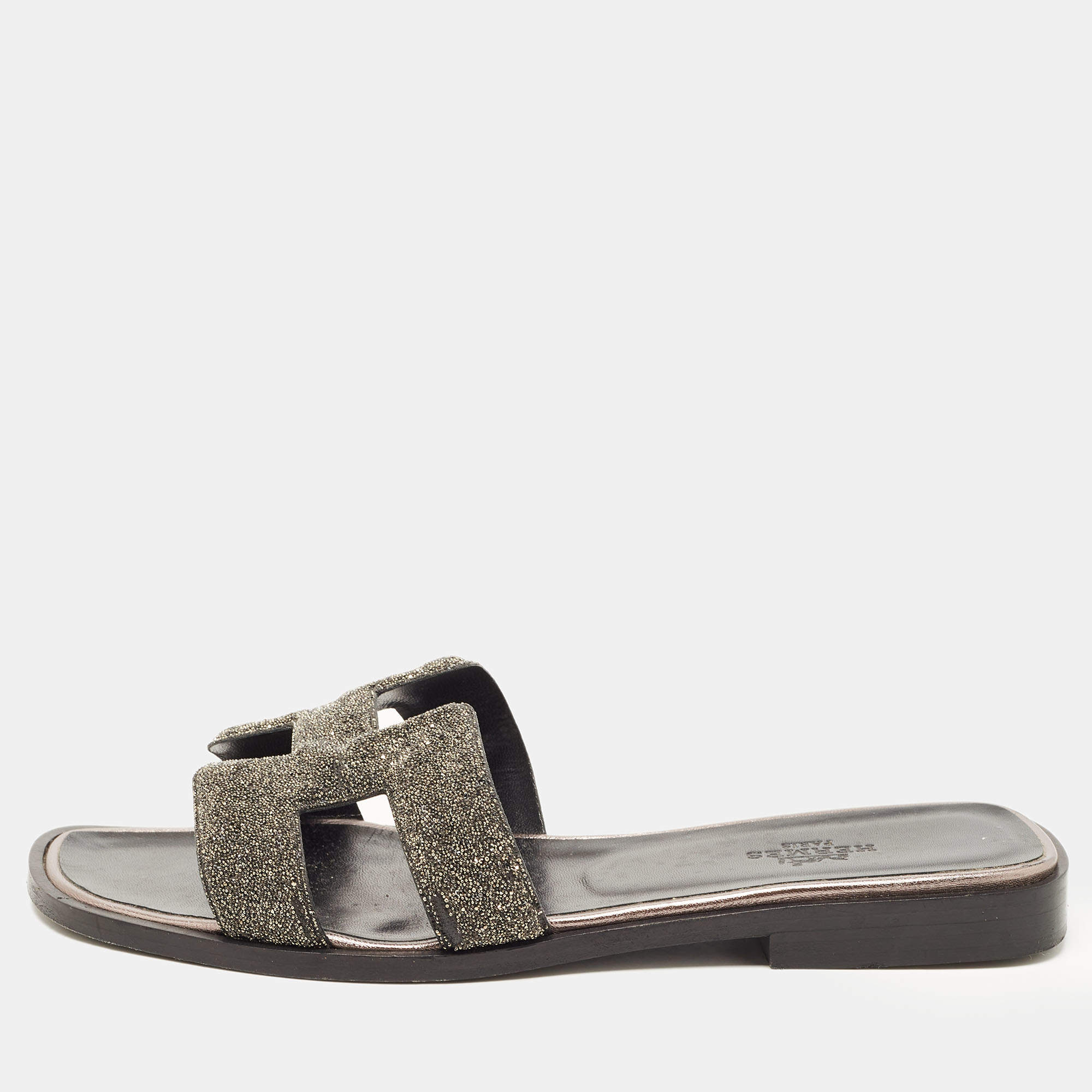 Hermes Metallic Silver Glitter Oran Flat Slides Size 36.5 