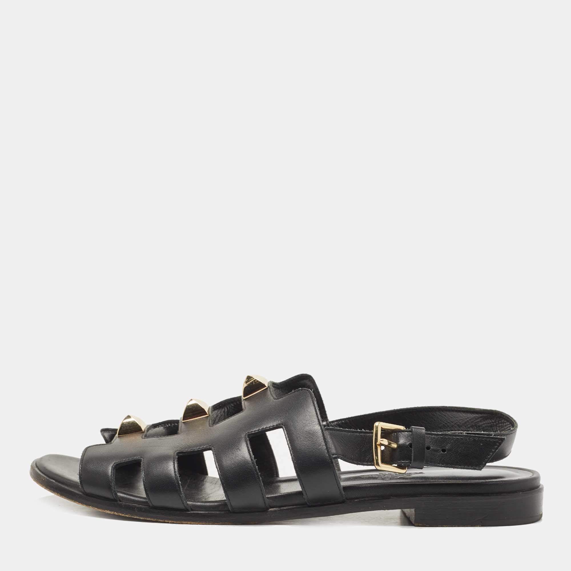 Hermes Black Leather Studded Slingback Sandals Size 37.5