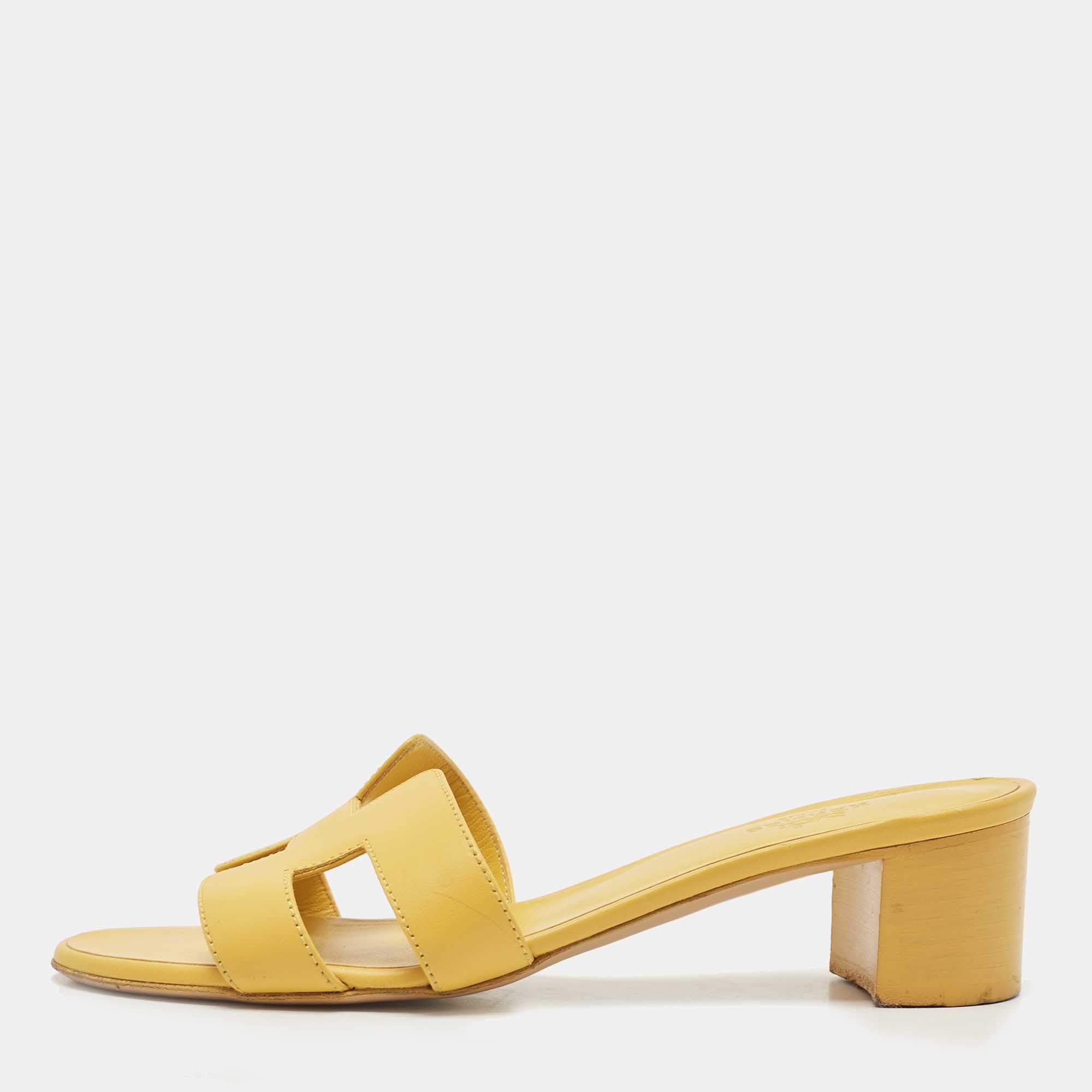Hermes Yellow Leather Oasis Slide Sandals Size 37