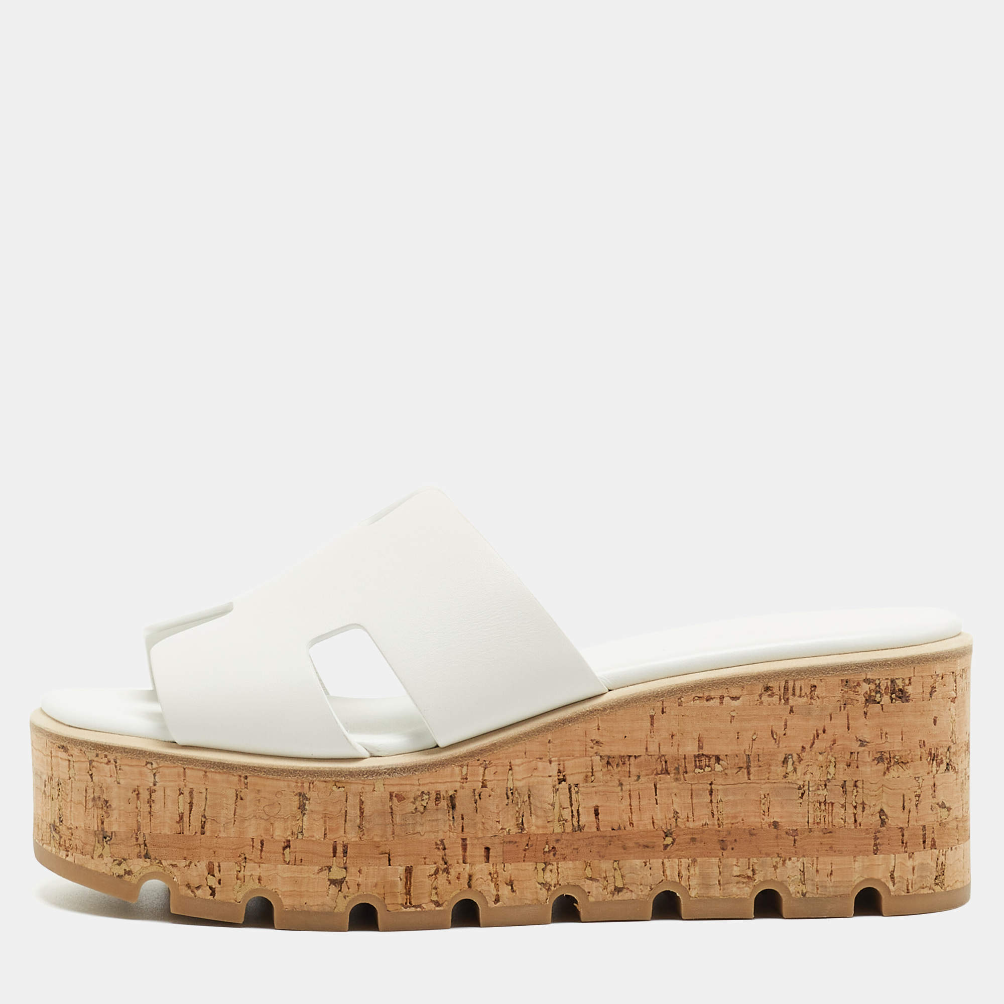 Pre Owned Hermes White Leather Eze Wedge Sandals Size 38