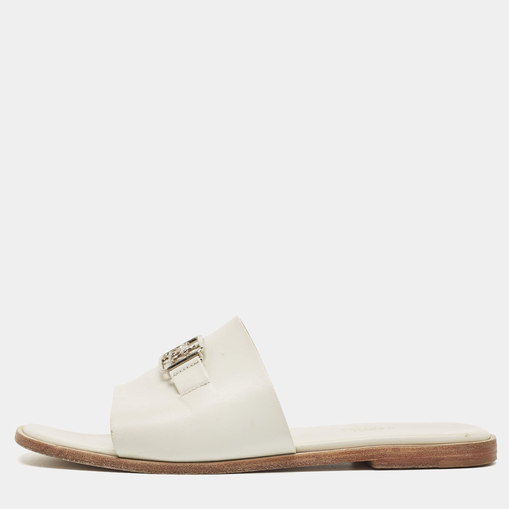 Hermes White Leather Villa  Flat Slides Size 38.5   
