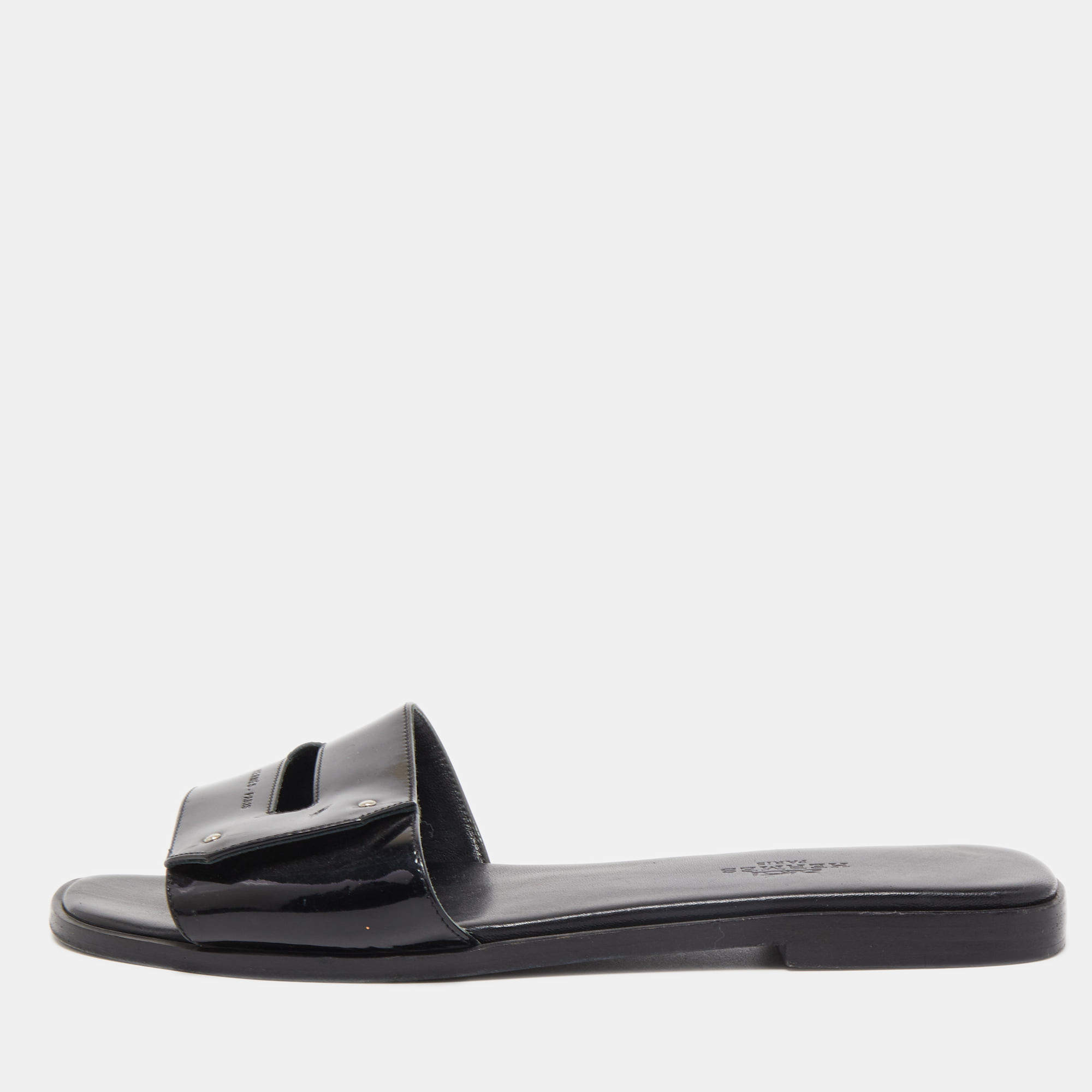 Hermes Black Patent Leather View Flat Slides Size 37