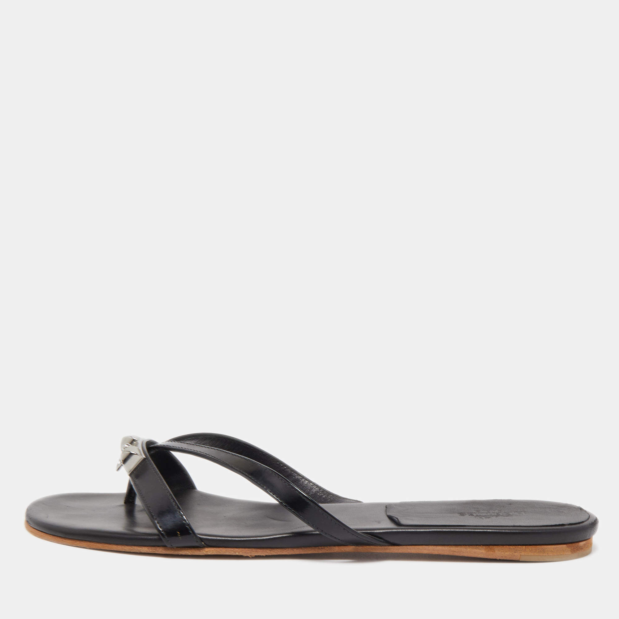 Hermes Black Leather Corfu Thong Flat Sandals Size 41