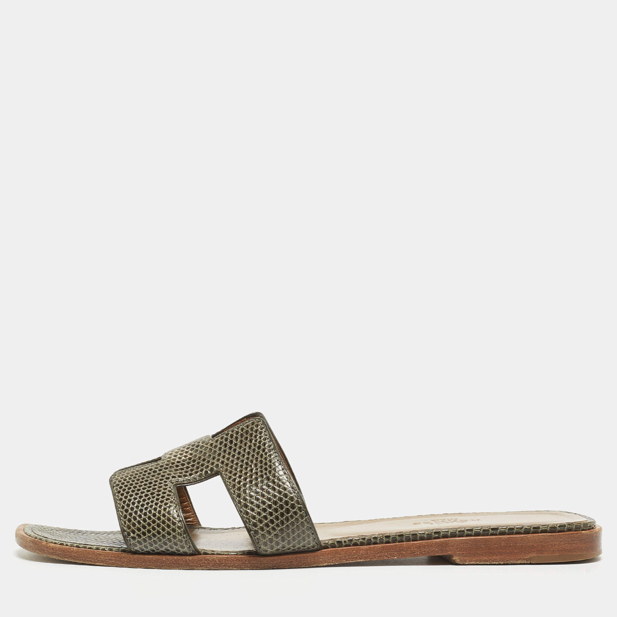 Hermes Green Lizard Leather Oran Flat Slides Size 38