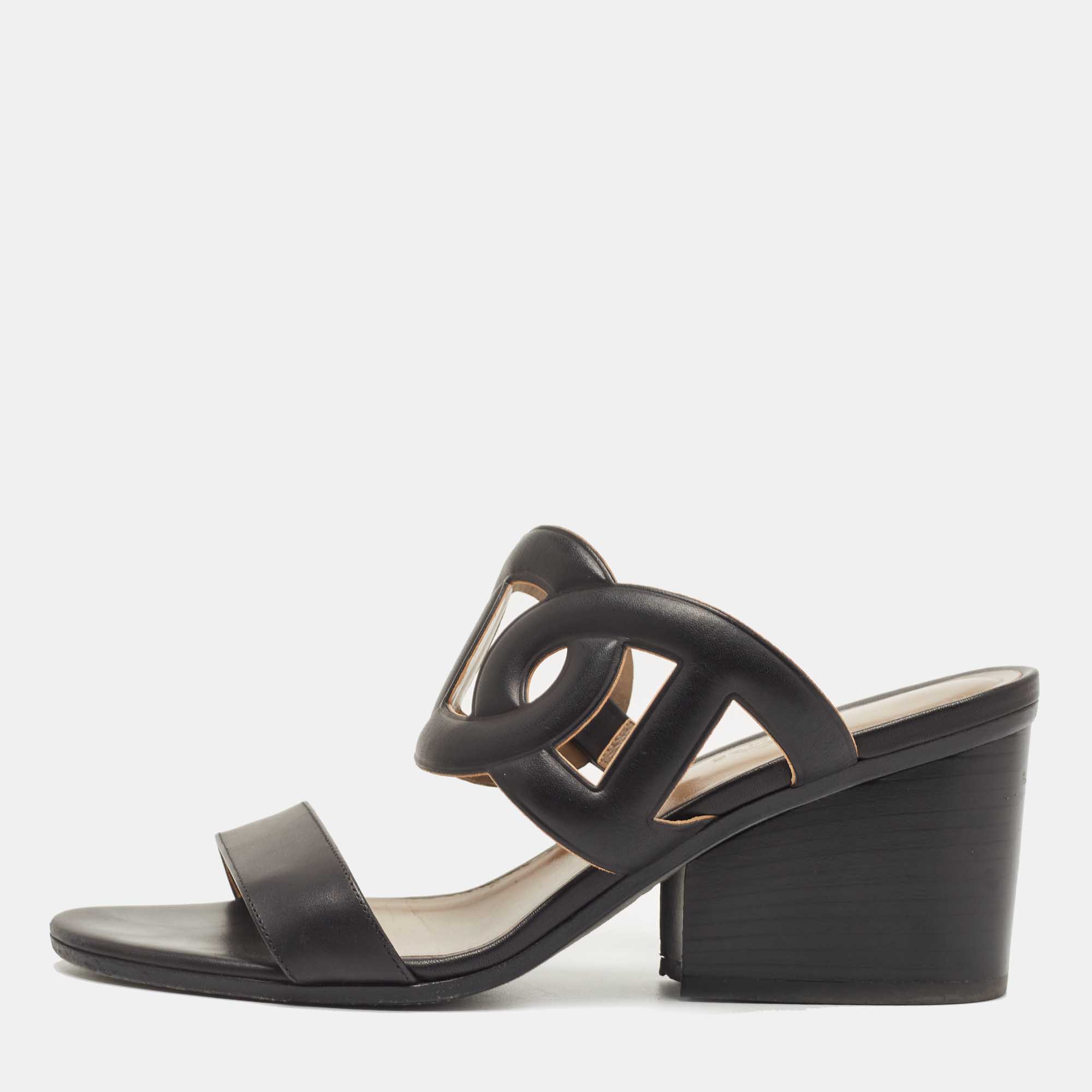 Hermes Black Leather Bikini Block Heel Slide Sandals Size 38