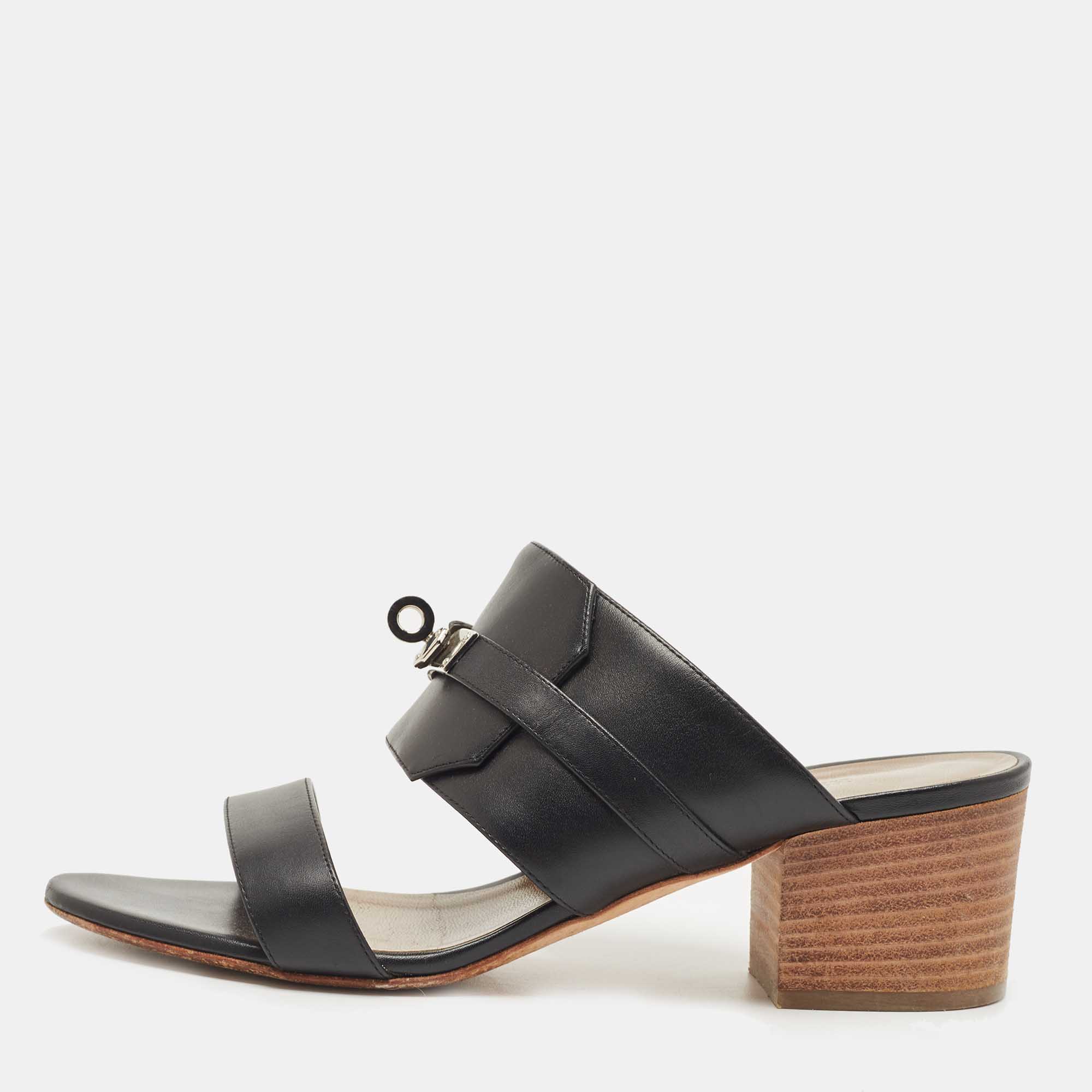 Hermes Black Leather Ovation Slide Sandals Size 38