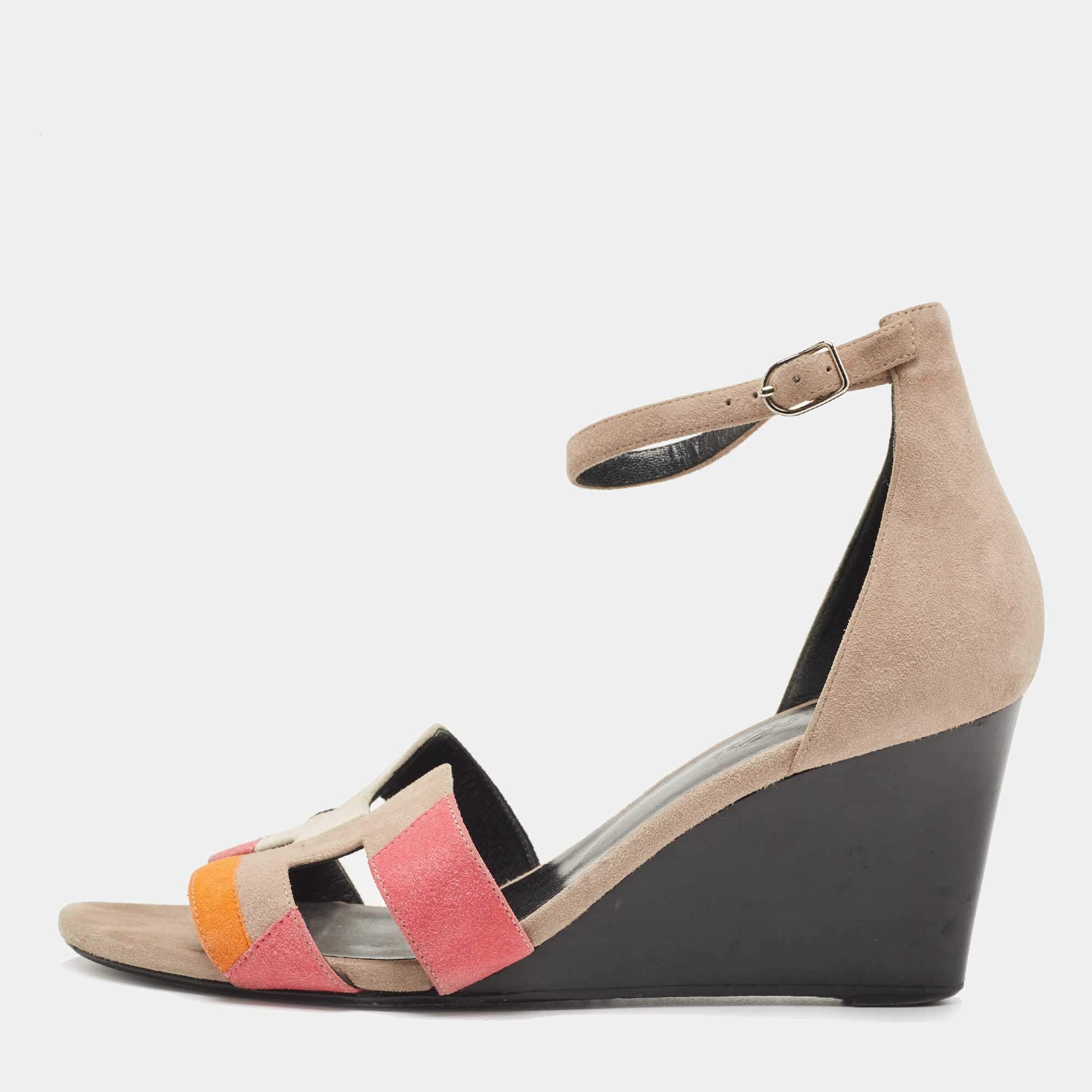 مملوكة مسبقًا Hermes Multicolor Suede Legend Wedge Sandals Size 38