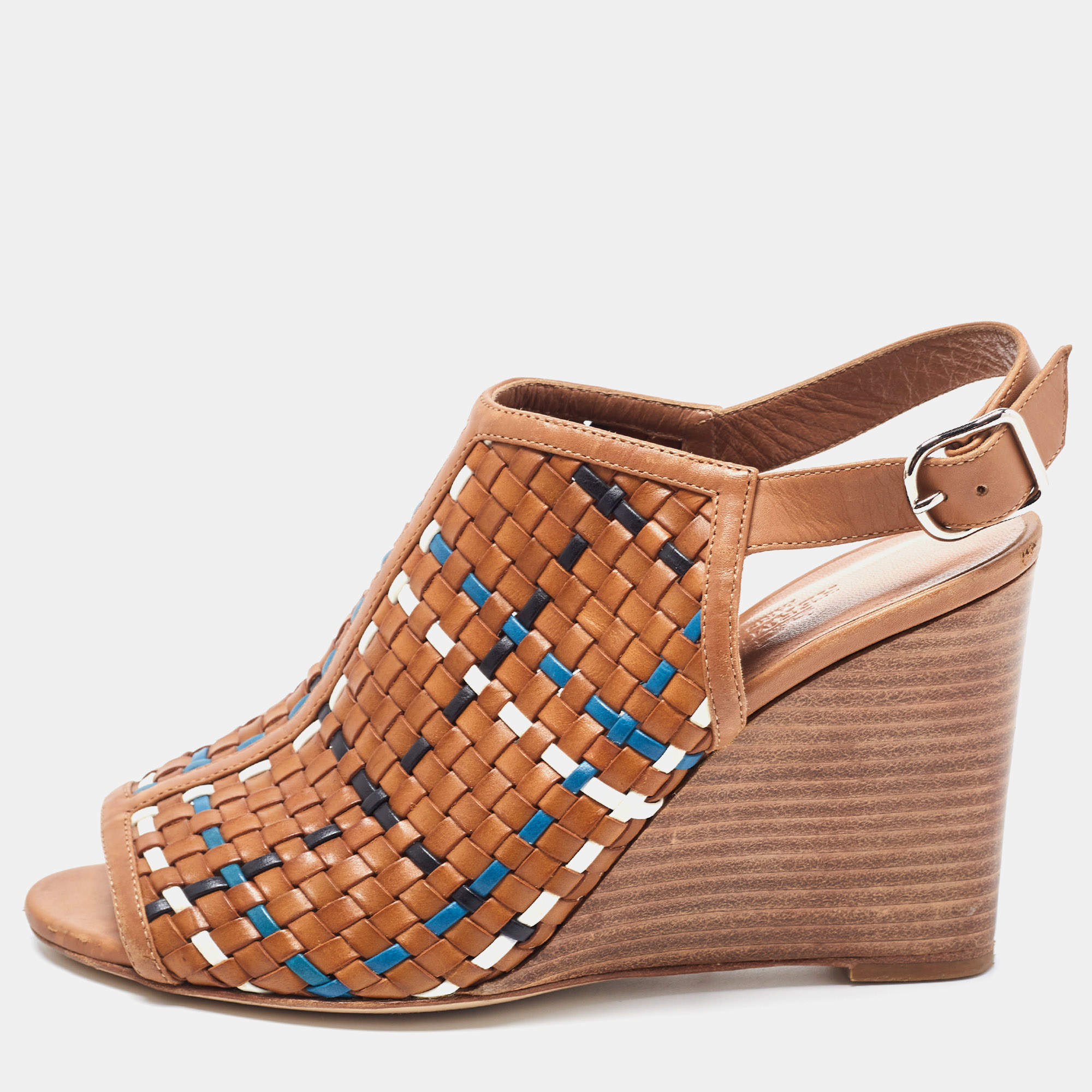 Pre Owned Hermes Tricolor Woven Leather Peep Toe Wedge Slingback Sandals Size 37