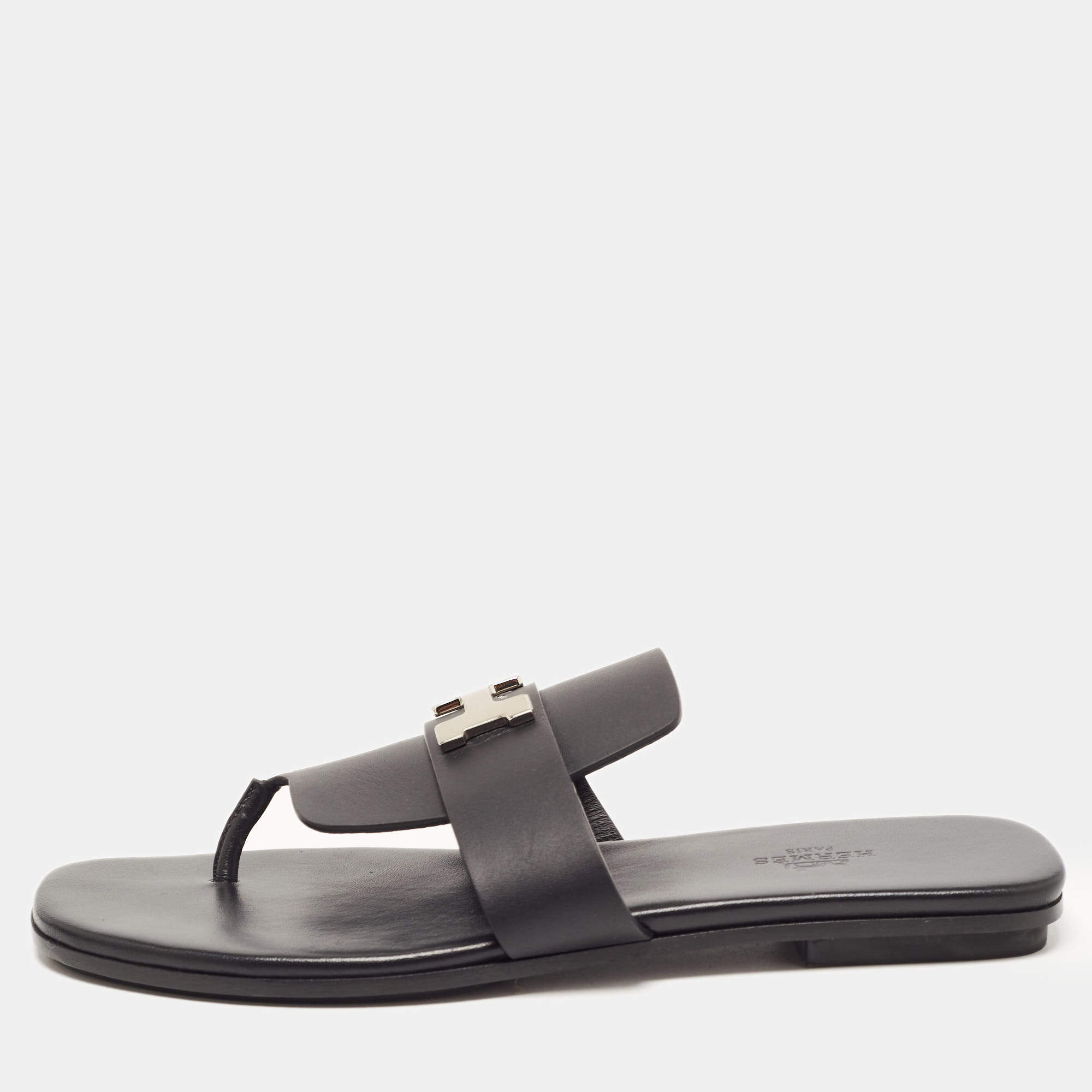 Hermes Black Leather Galerie Thong Flats Size 39