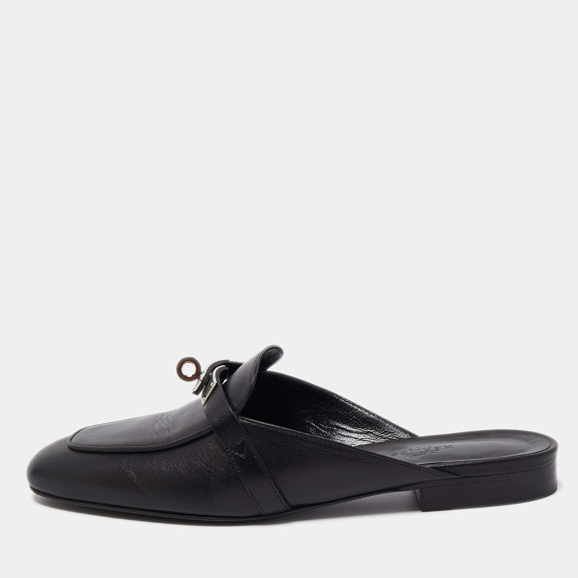 Pre Owned Hermes Black Leather Oz Flat Mules Size 37