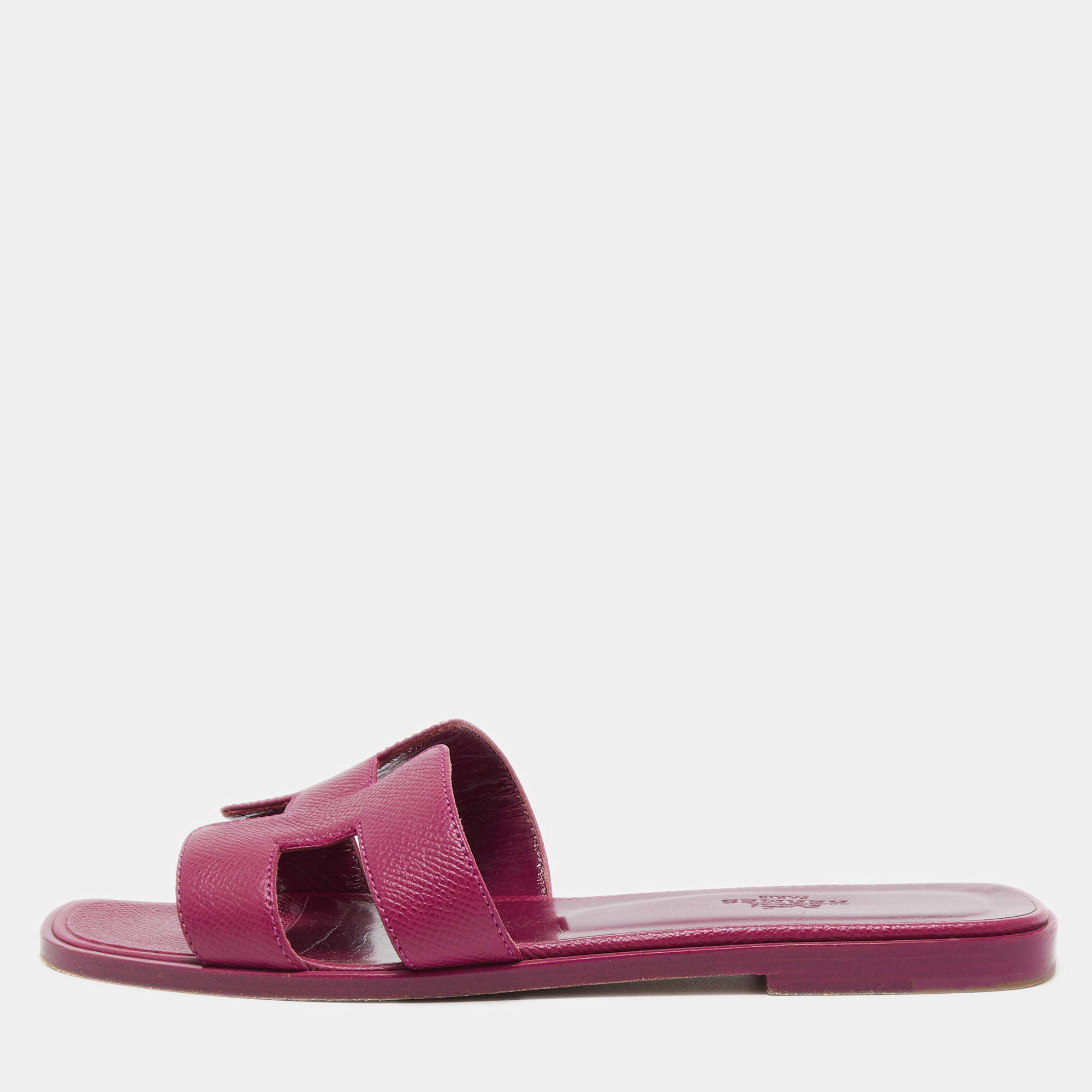 Pre Owned Hermes Purple Leather Oran Flat Slides Size 37