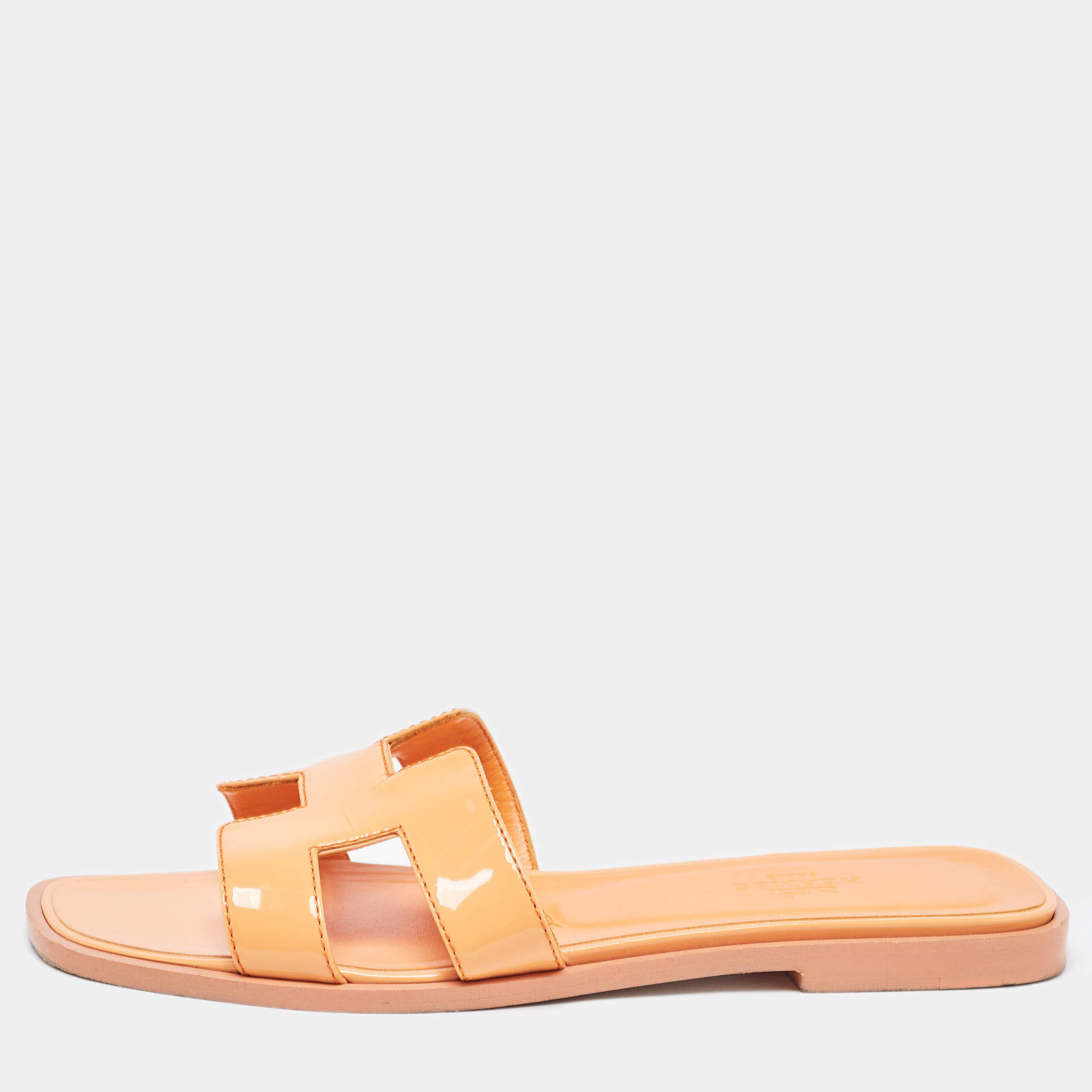 Hermes Orange Patent Leather Oran Flat Slides Size 36