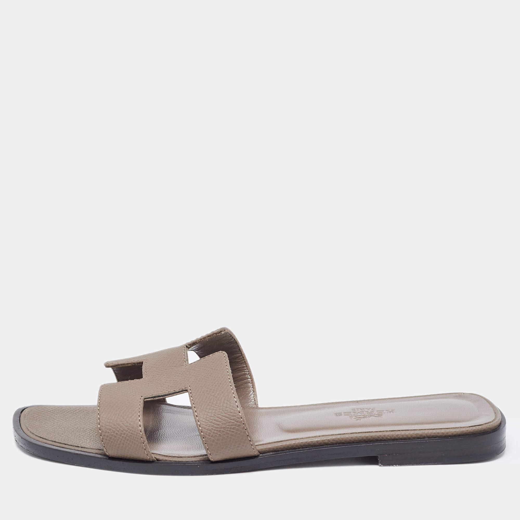 Hermes Brown Leather Oran Flat Slides Size 36.5 