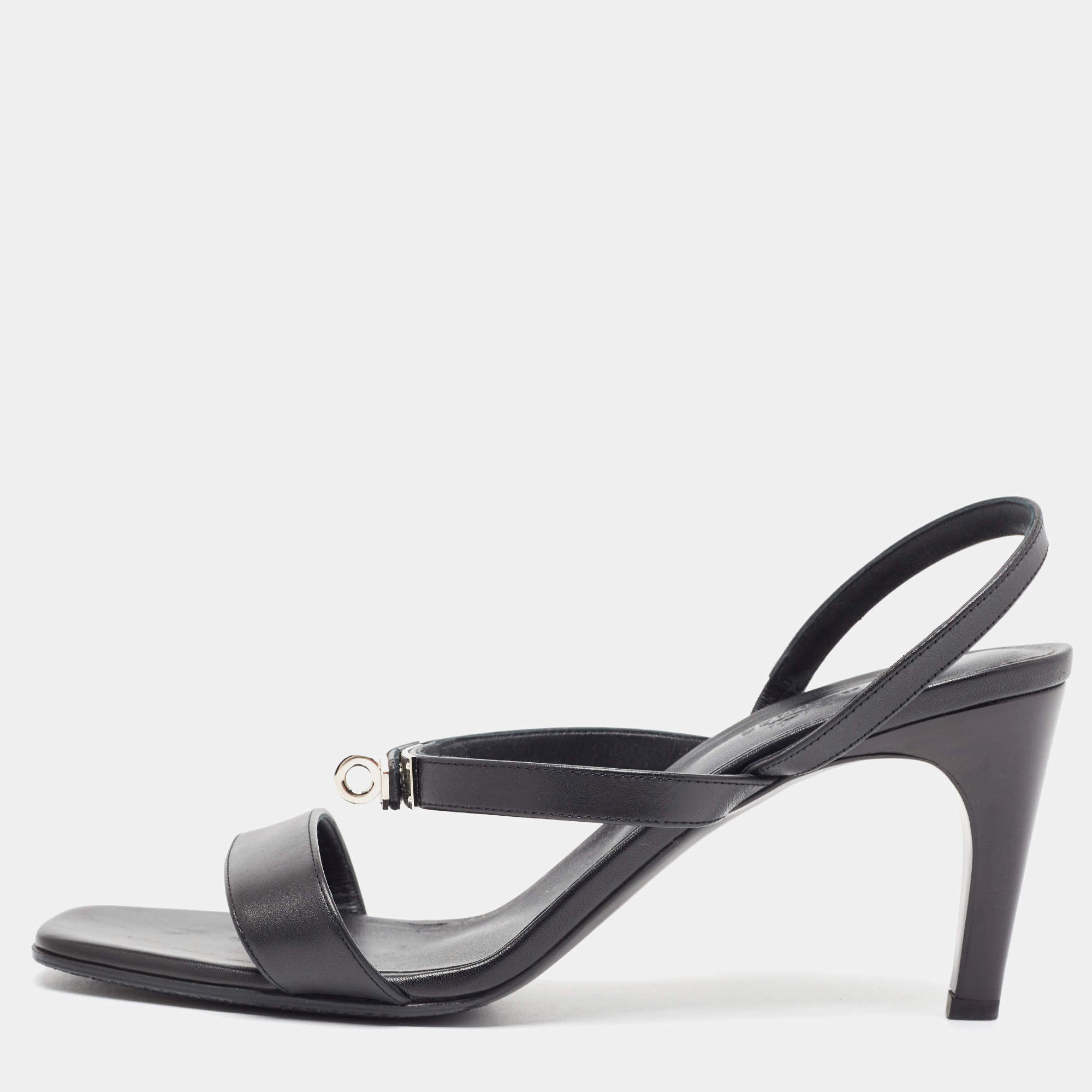 Pre Owned Hermes Black Leather Glamour Slingback Sandals Size 41