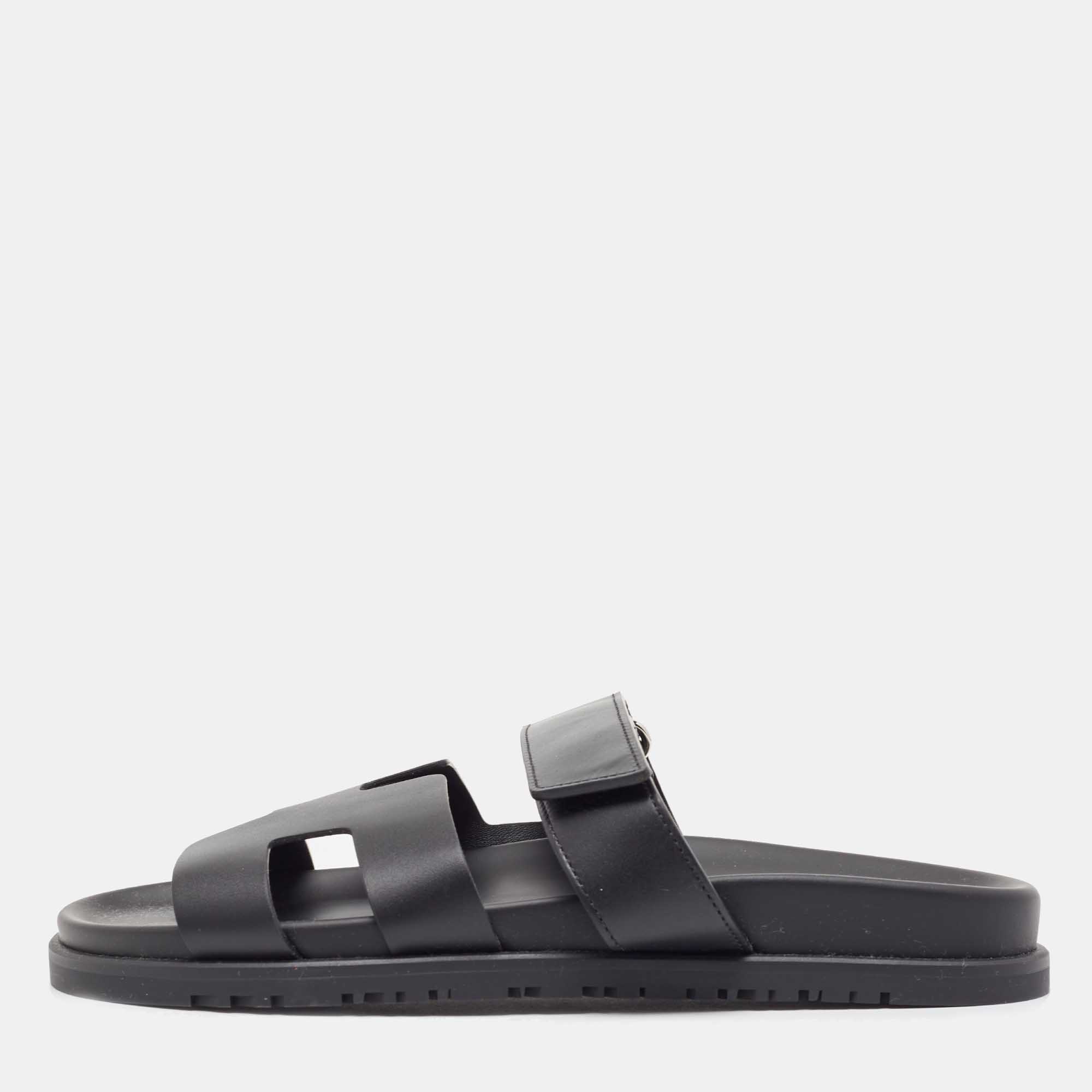 Hermes Black Leather Chypre Velcro Flat Sandals Size 40
