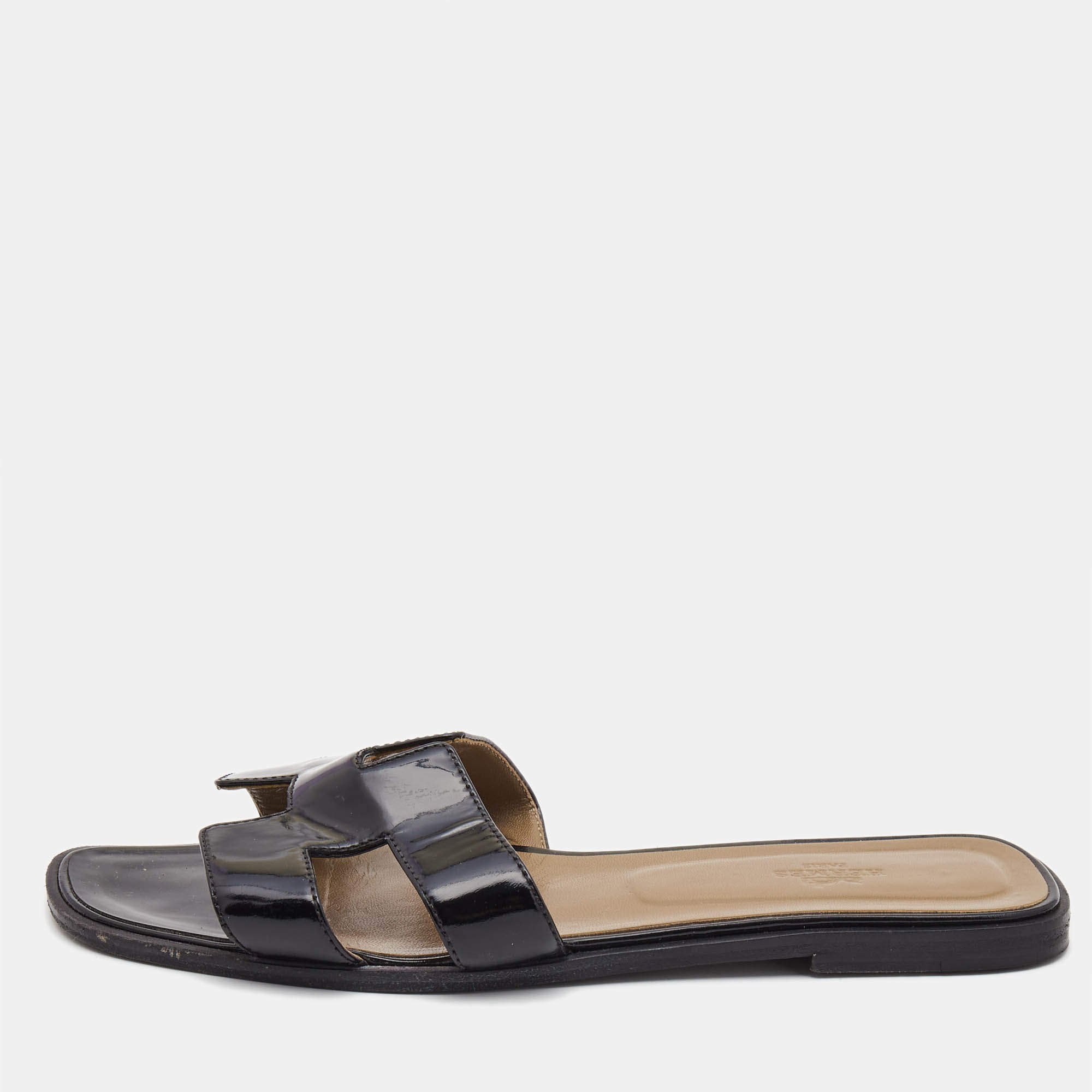 Hermes Black Patent Leather Oran Flat Slides Size 41