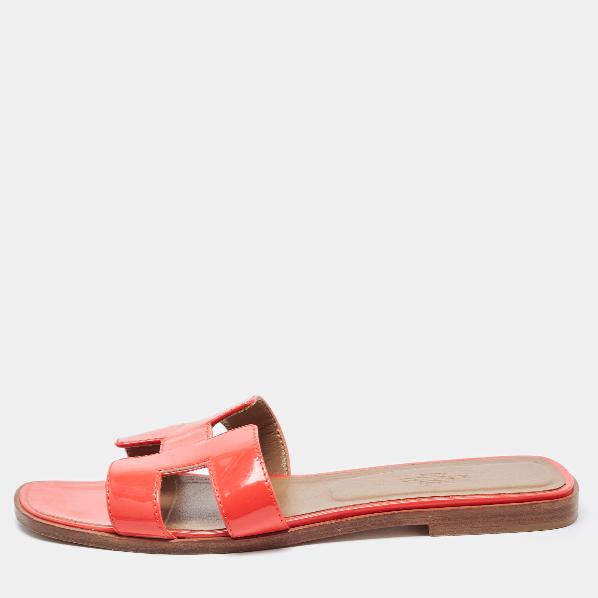 Hermes Red Patent Leather Oran Flat Slides Size 38