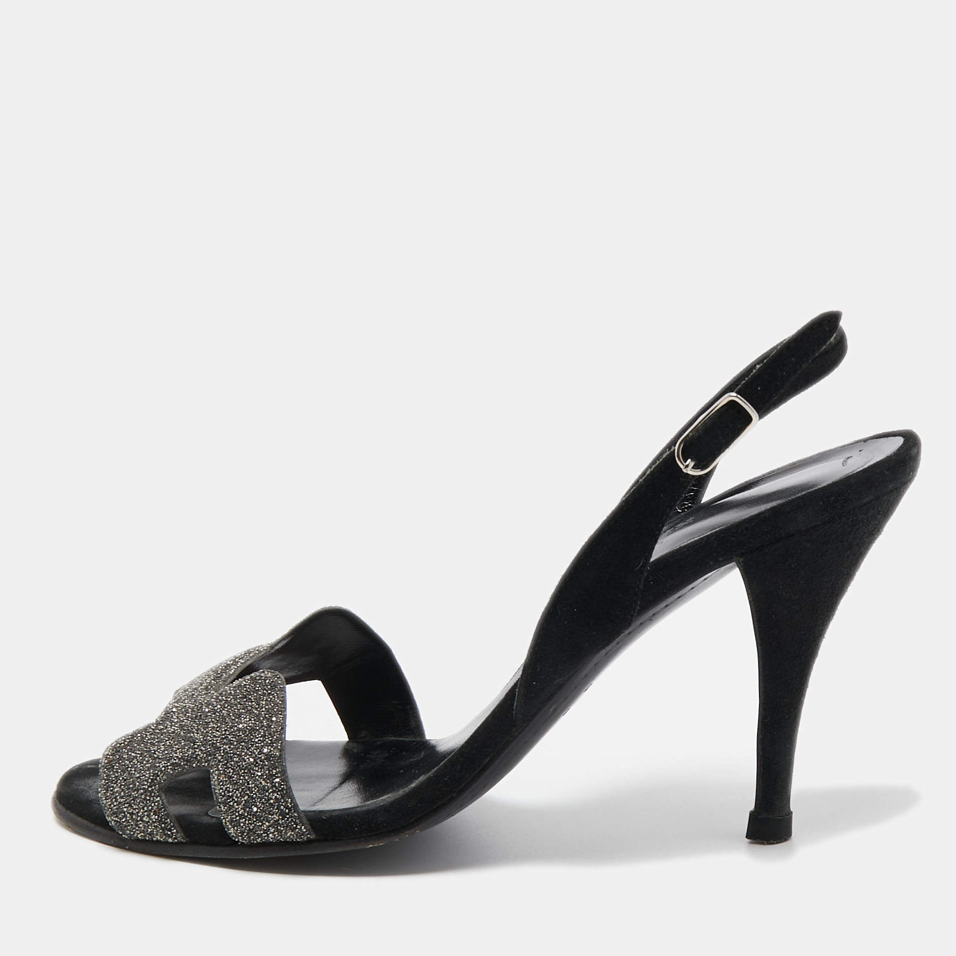 Hermes Silver/Black Suede and Glitter Night Sandals Size 37 Hermes ...