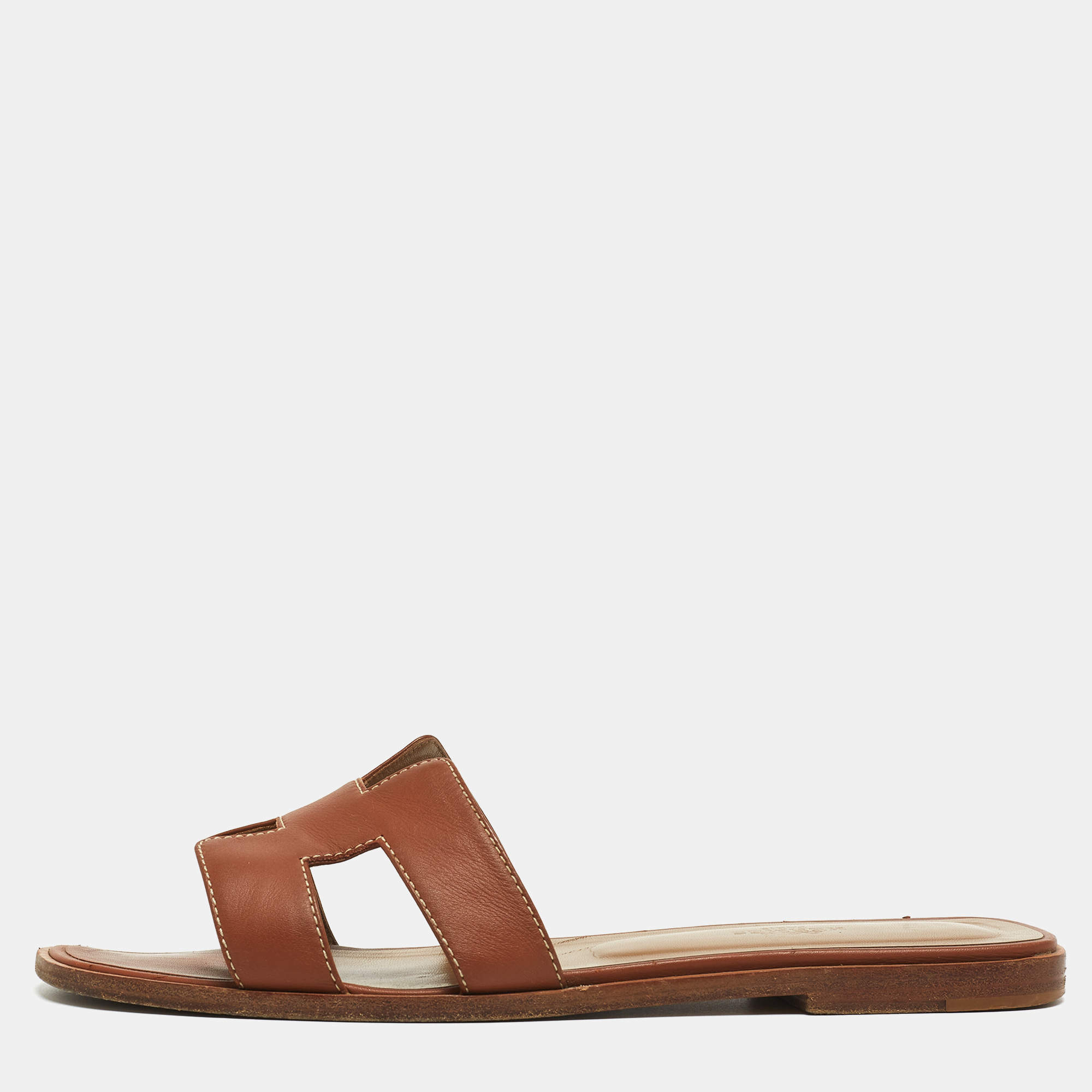 Hermes Brown Leather Oran Flat Slides Size 40