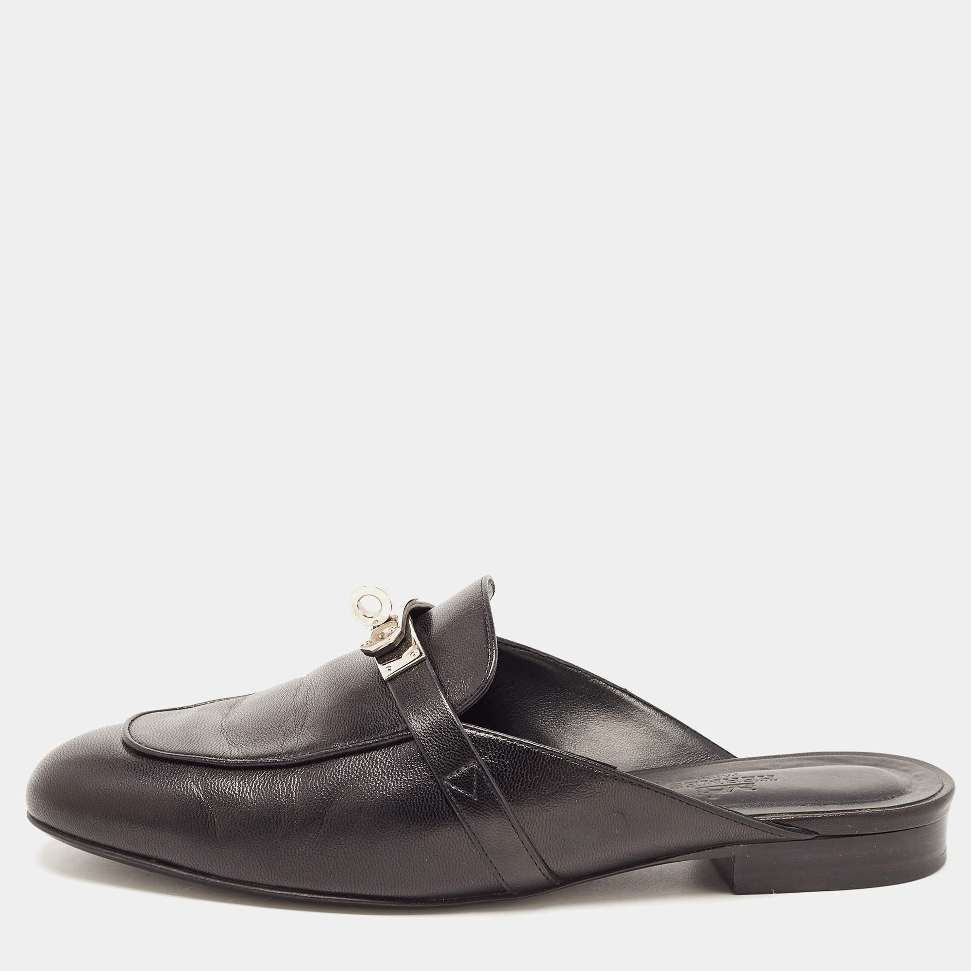 Hermes Black Leather Oz Flat Mules Size 37.5