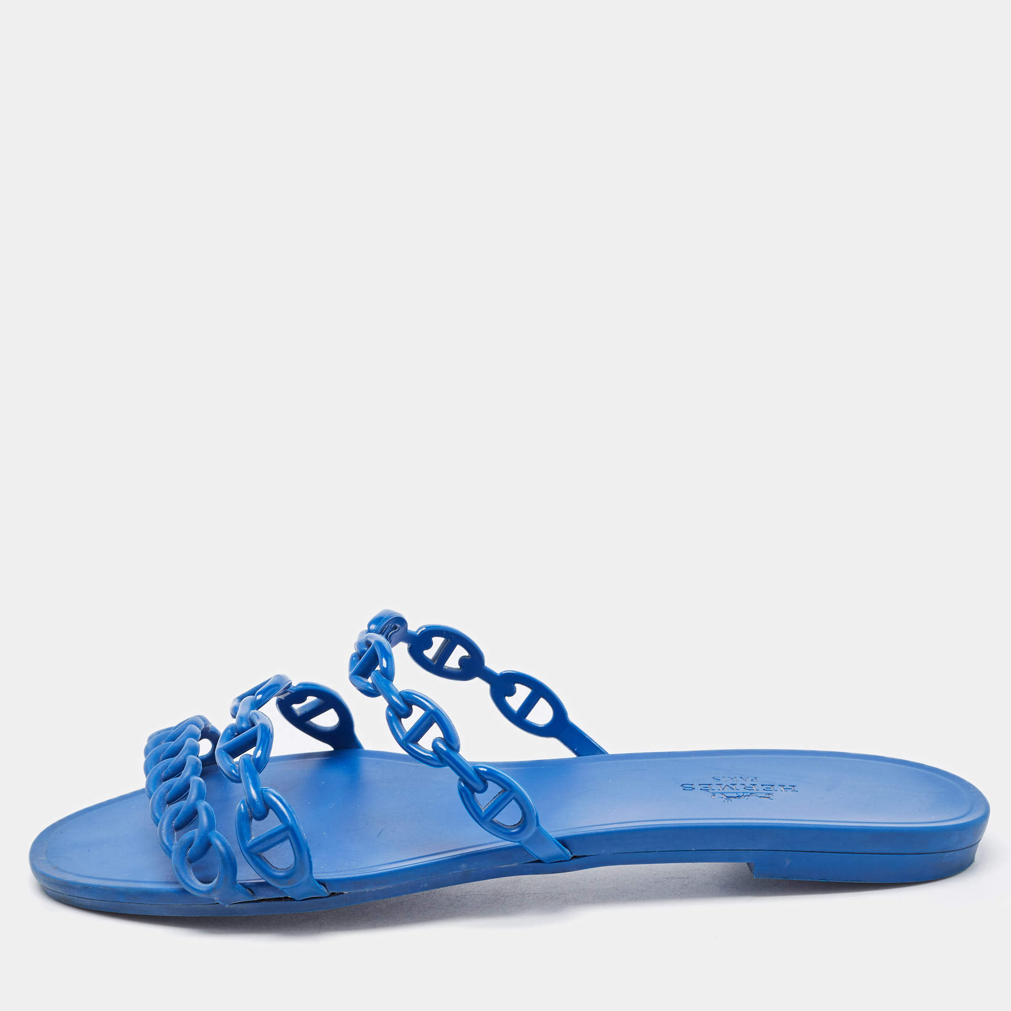 Hermes Blue D'ancre Chaine Rivage Flat Slides Size 38