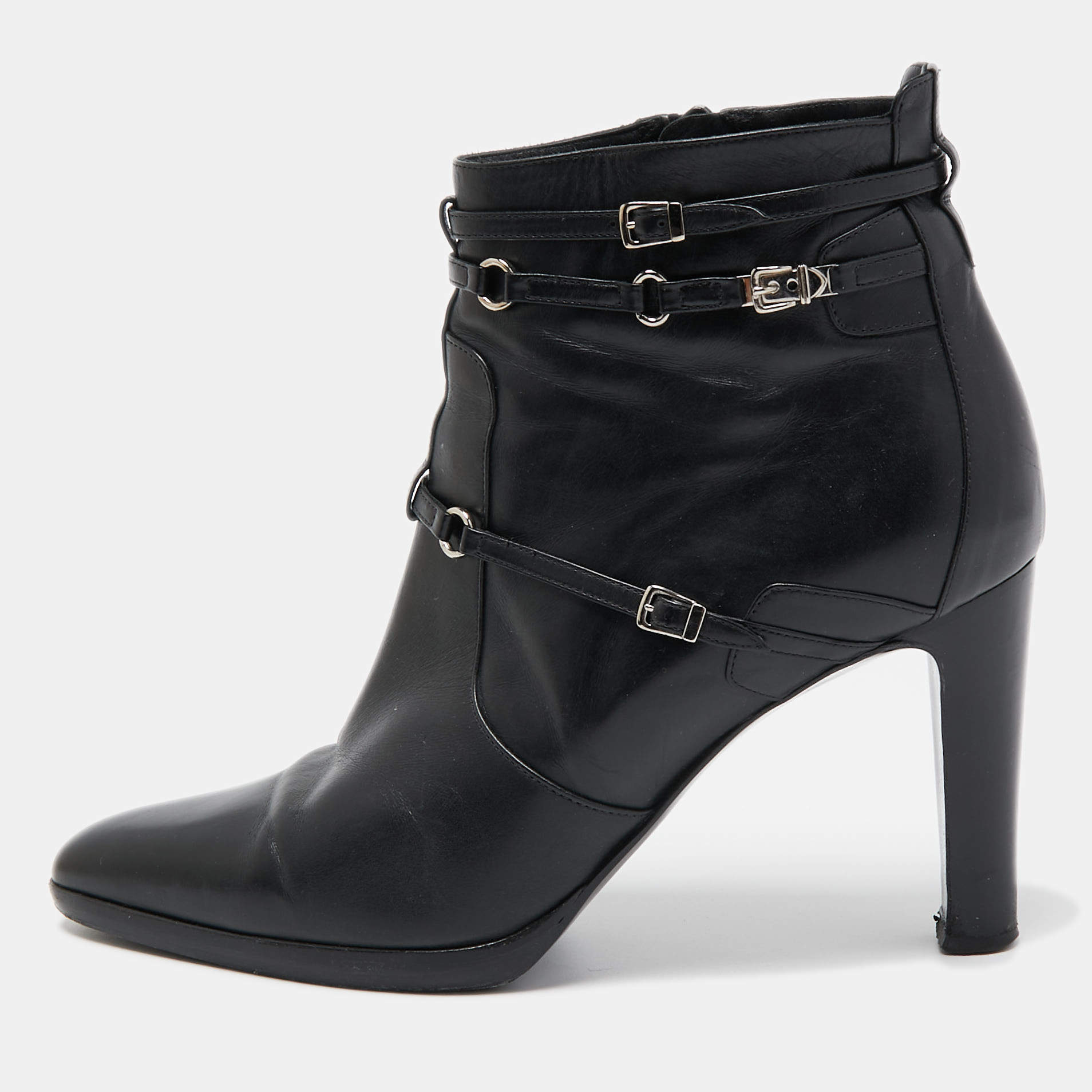 Pre Owned Hermes Black Leather Buckle Ankle Boots Size 40