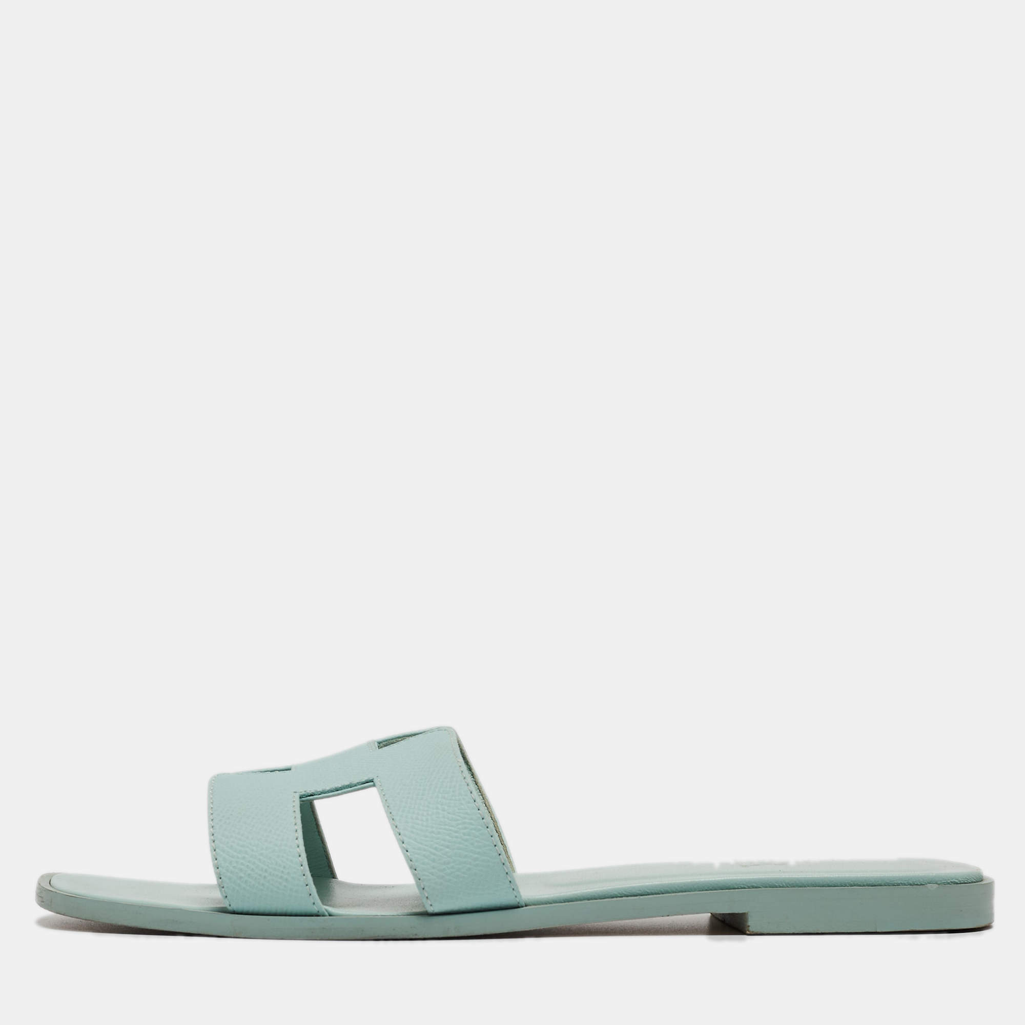 Hermes Light Blue Leather Oran Flat Slides Size 40.5 Hermes | The ...