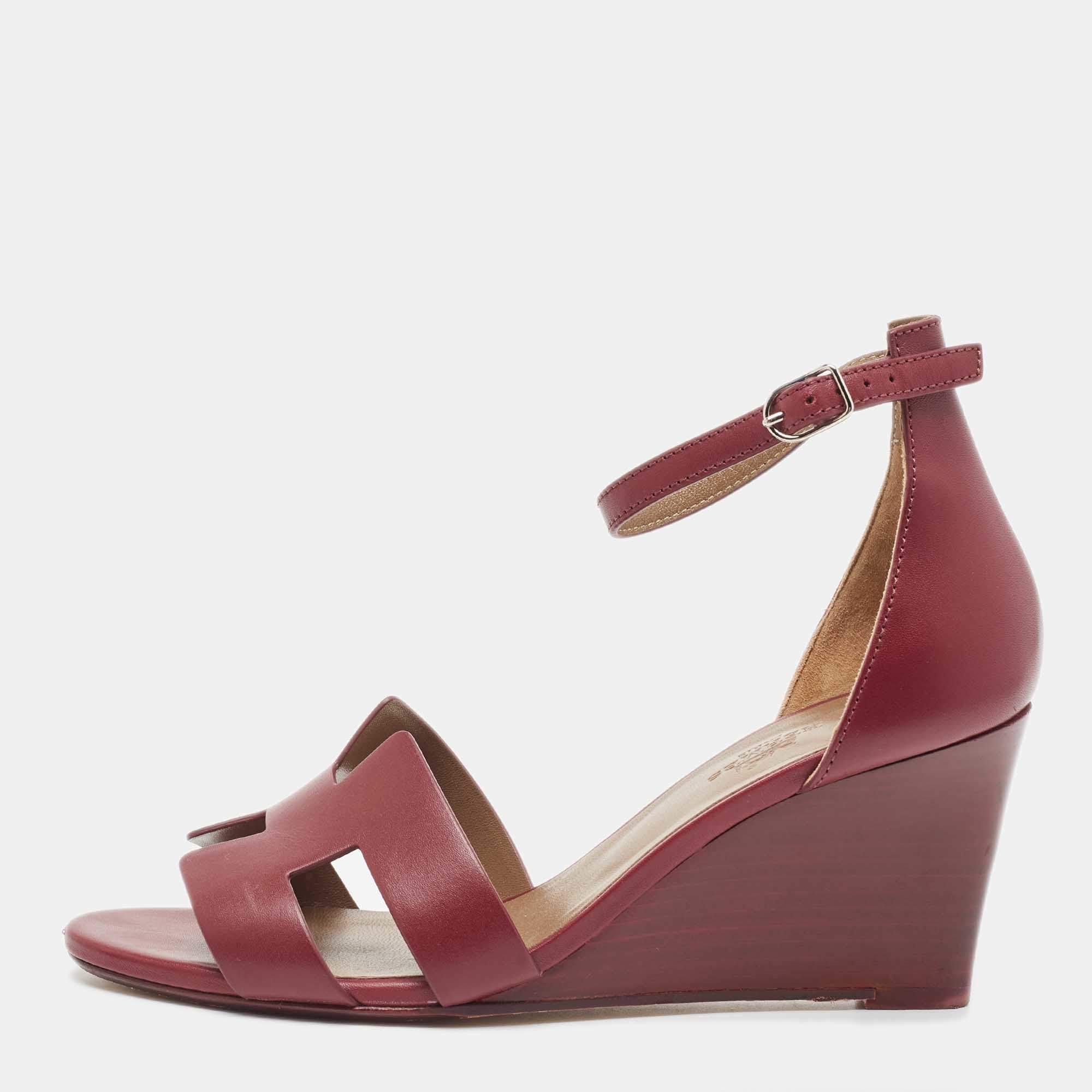 Hermes Burgundy Leather Legend Sandals Size 37.5