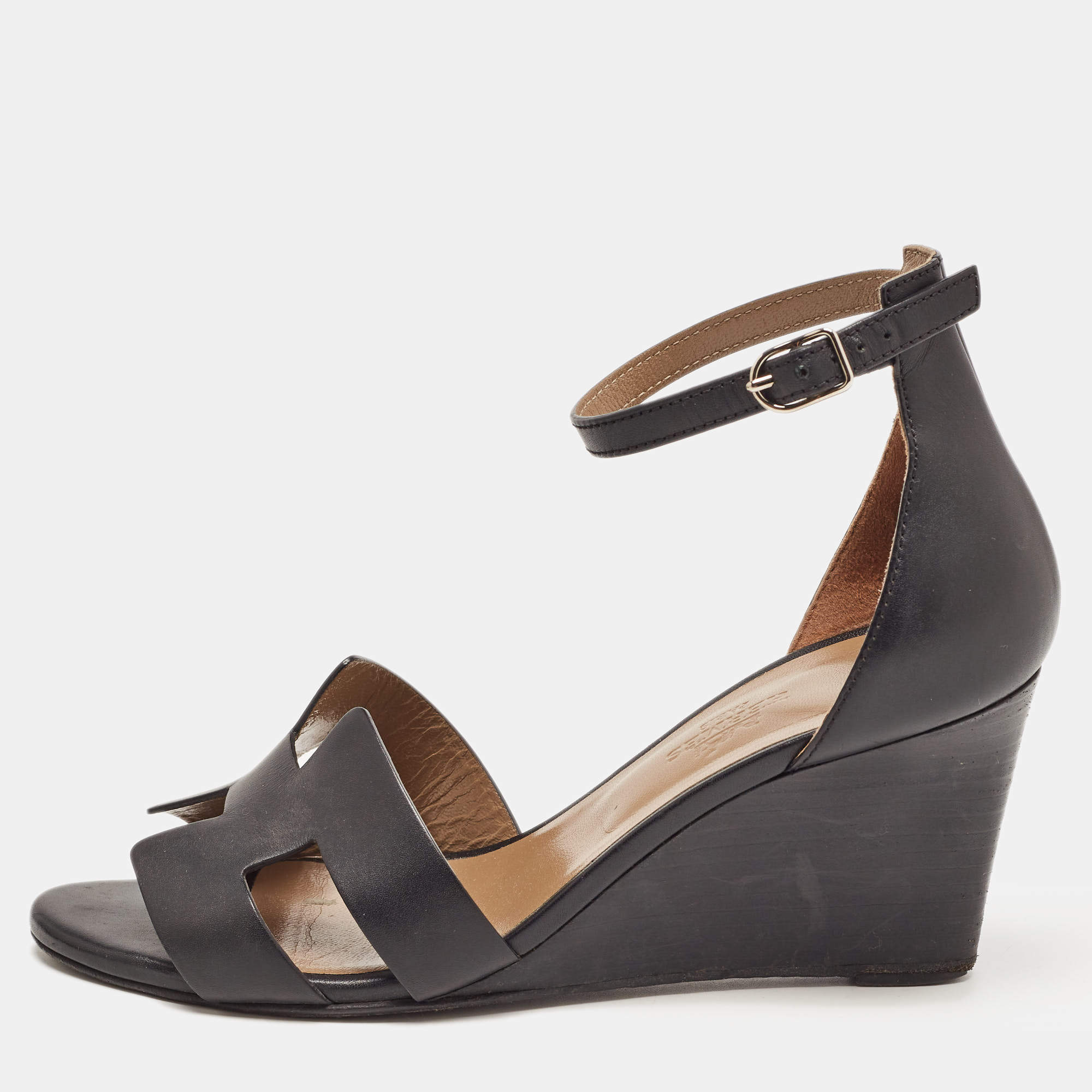 Hermes Black Leather Legend Sandals Size 37
