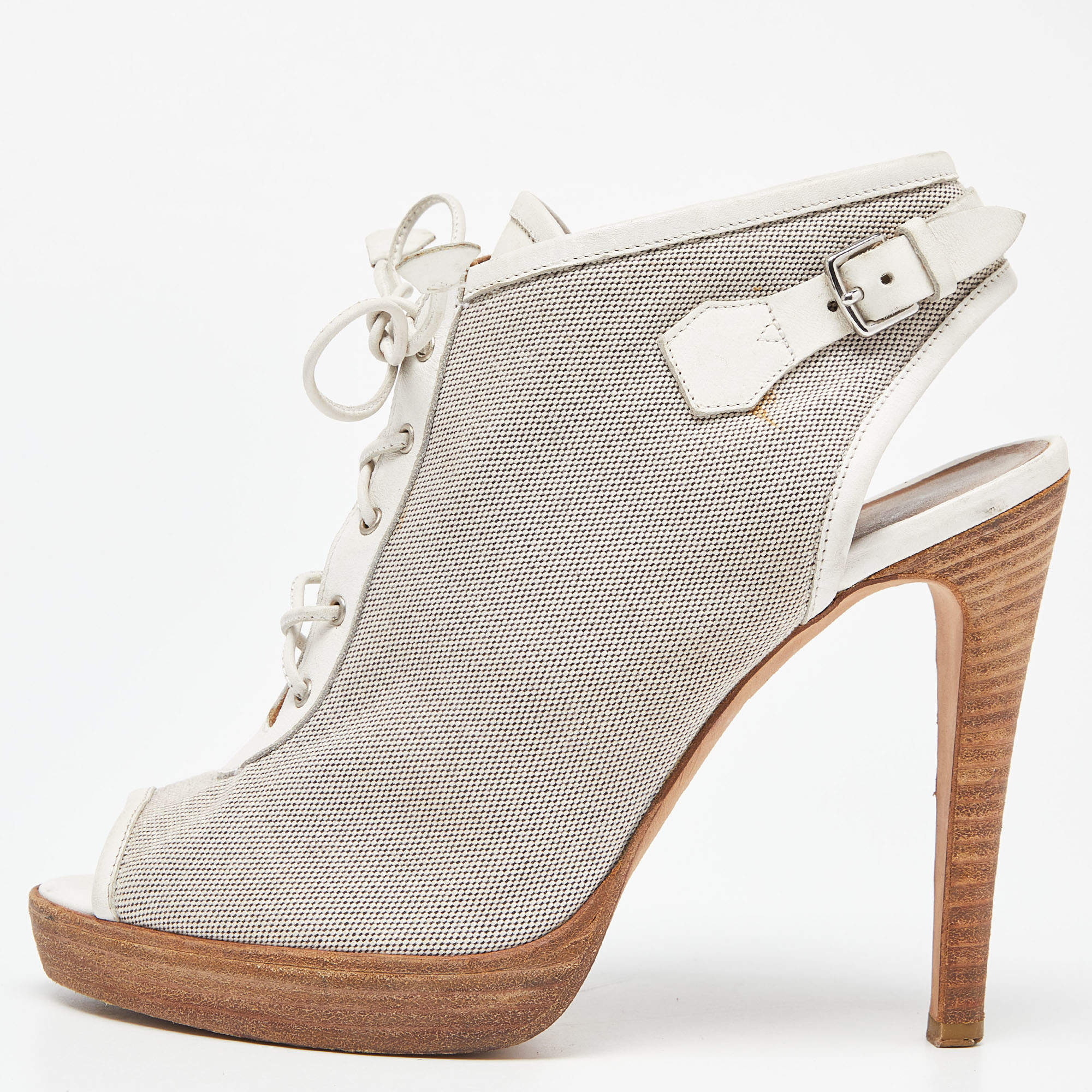 Hermes Grey/White Canvas and Leather Peep Toe Lace Up Slingback Booties Size 39