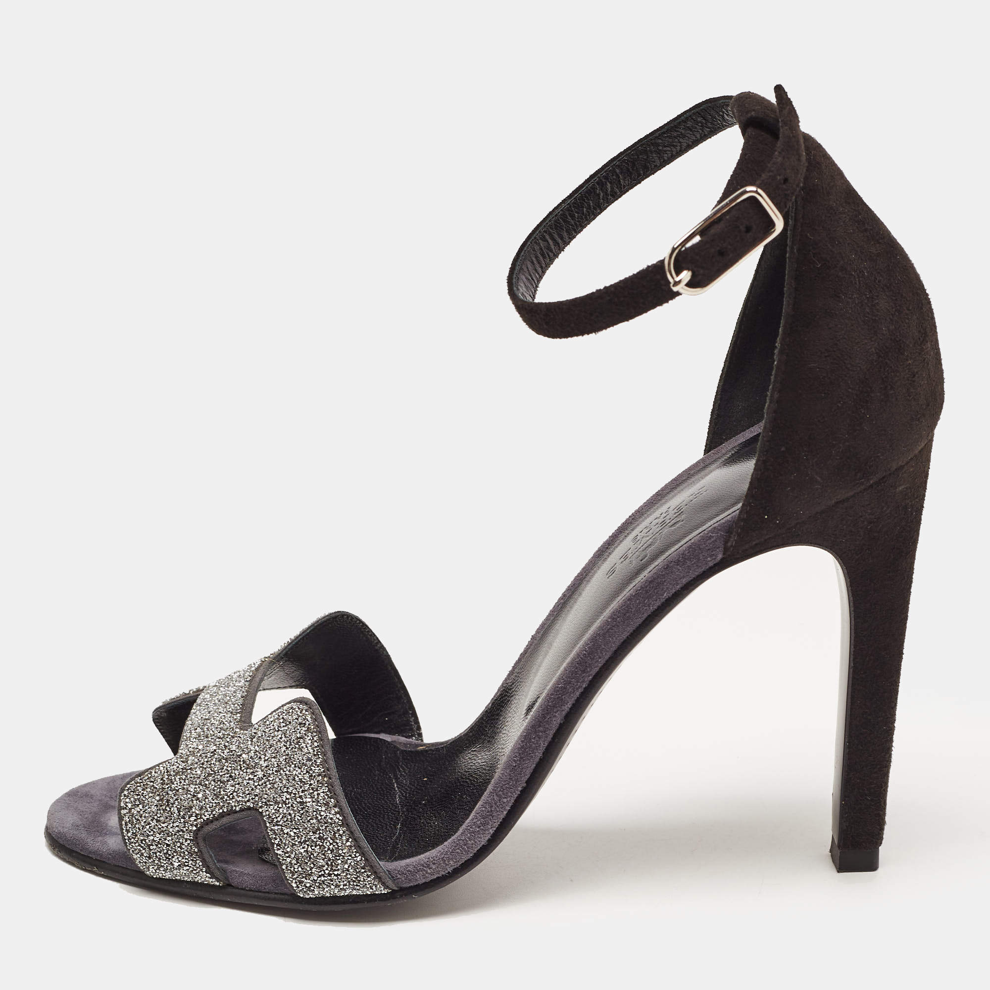 Pre Owned Hermes Black/Silver Suede and Glitter Premiere 70 Ankle Strap Sandals Size 37