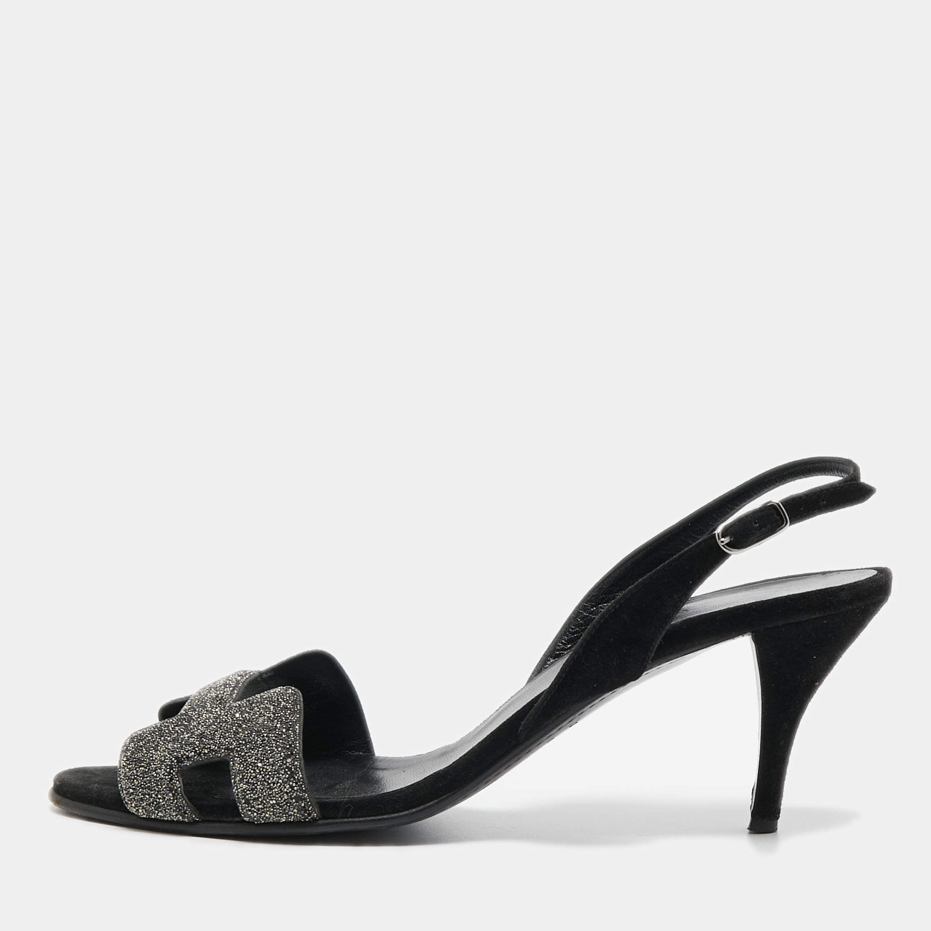 Hermes Black/Silver Glitter and Suede Night Sandals Size 38.5