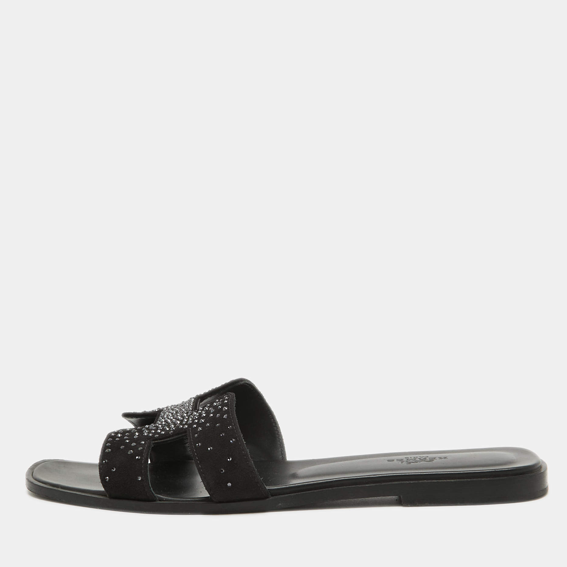 Pre Owned Hermes Black Suede Crystal Embellished Oran Flat Slides Size 40.5