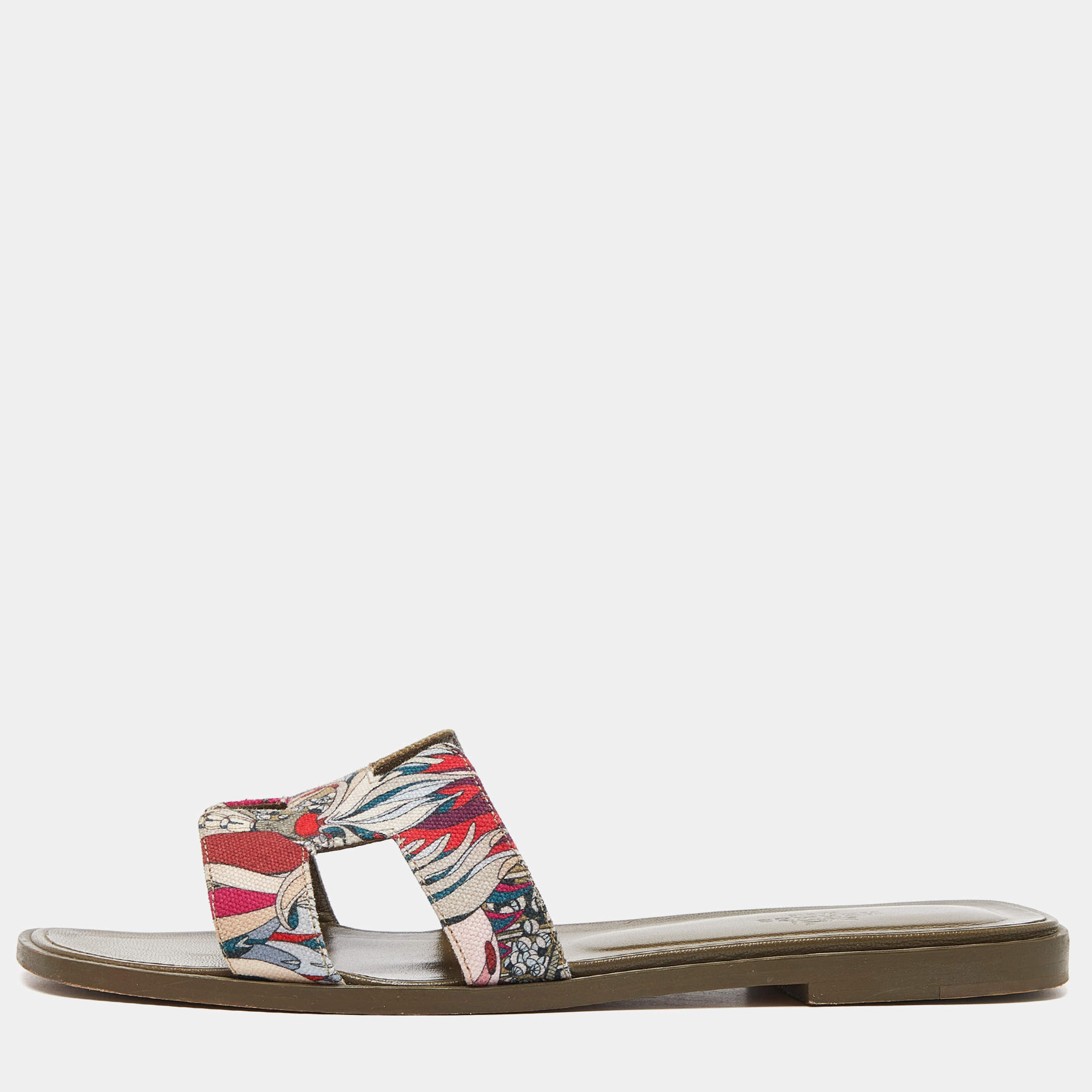 Hermes Multicolor Print Canvas Oran Flat Slides Size 38