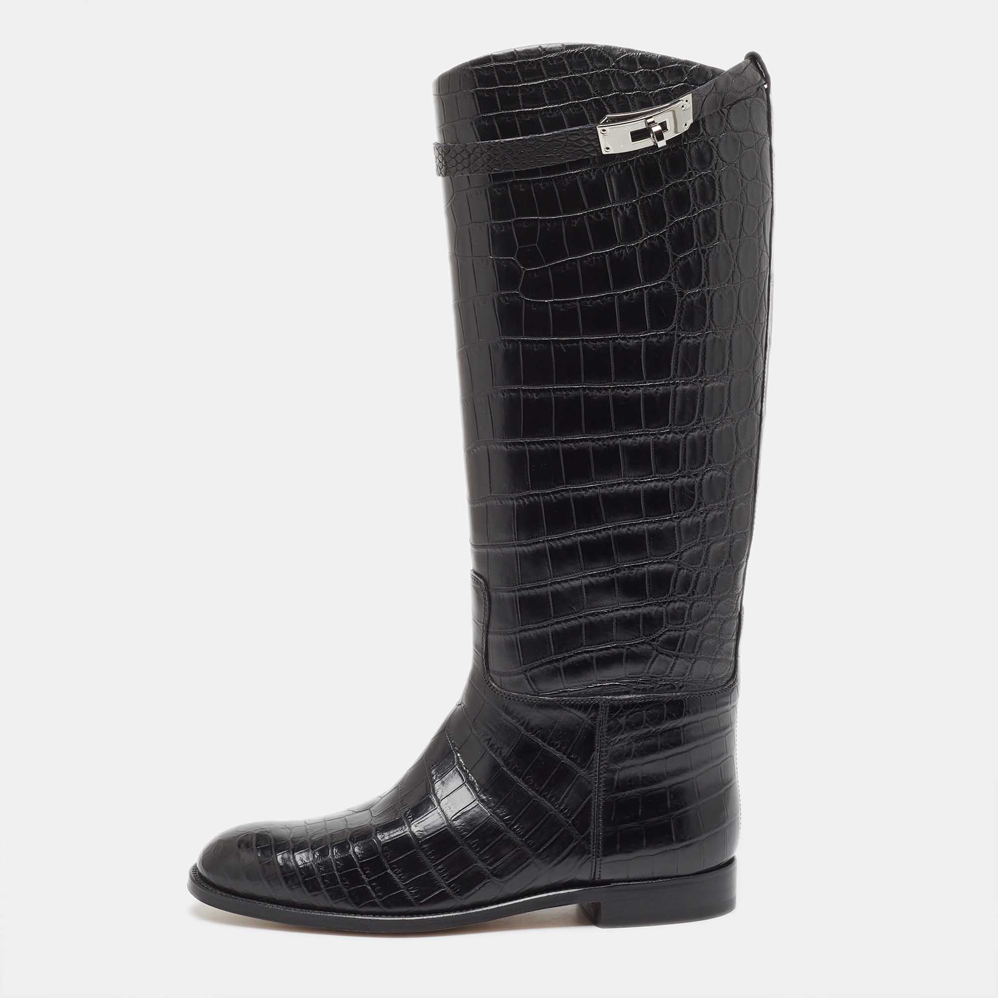 Hermes Black Crocodile Riding Boots Size 39