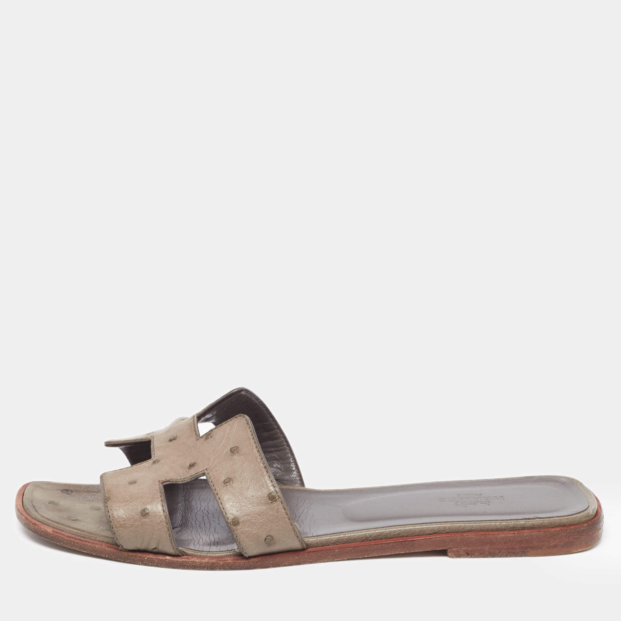 Hermes Green Ostrich Leather Oran Sandals Size 40.5